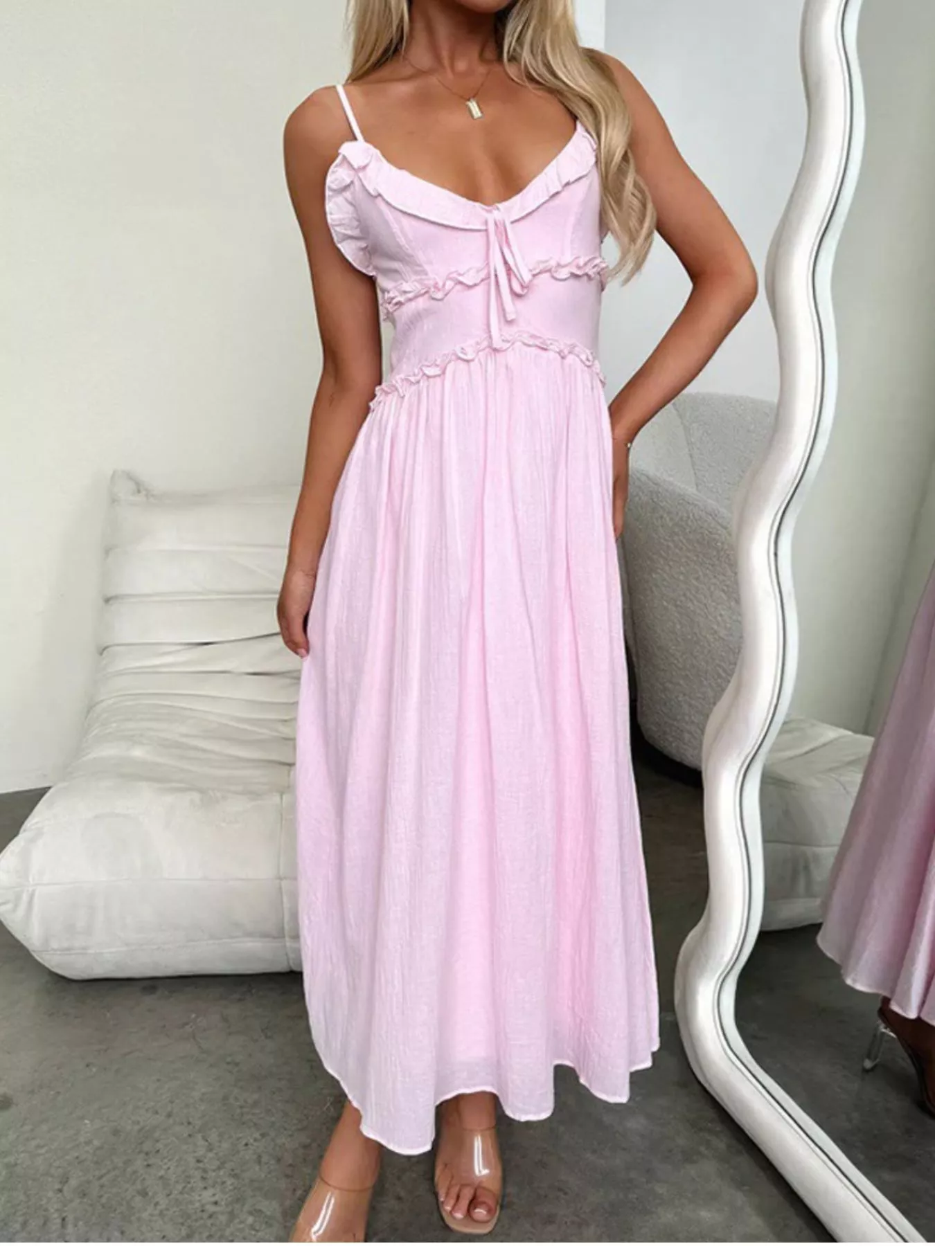Ruffled Trimmed Spaghetti Strap Midi Dress - Image 3