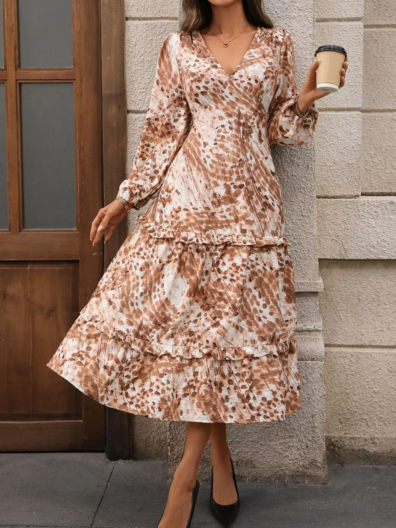 Ruffled V-Neck Balloon Sleeve Dress - Image 4