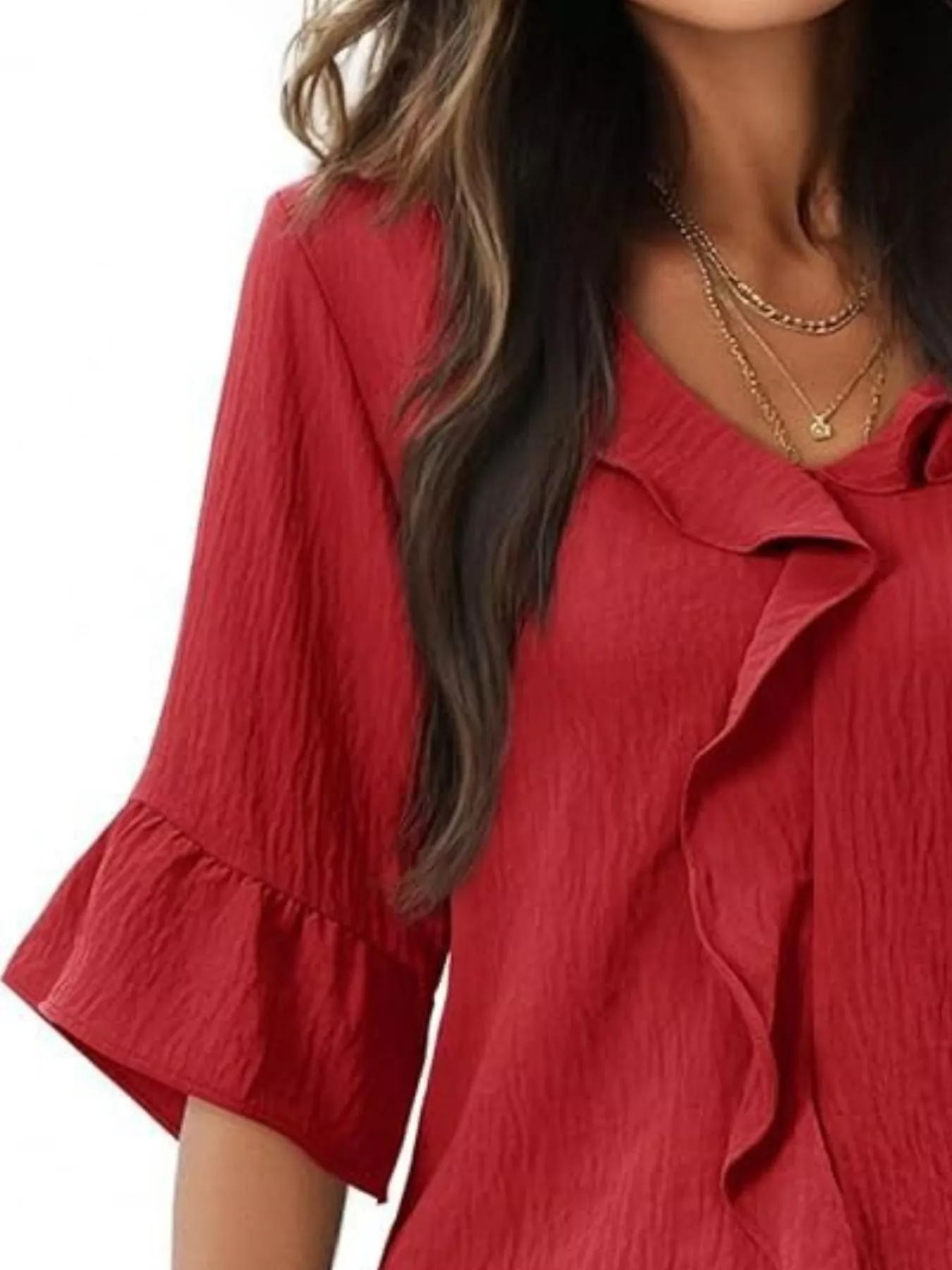 Ruffled V-Neck Bell Sleeve Blouse - Image 3