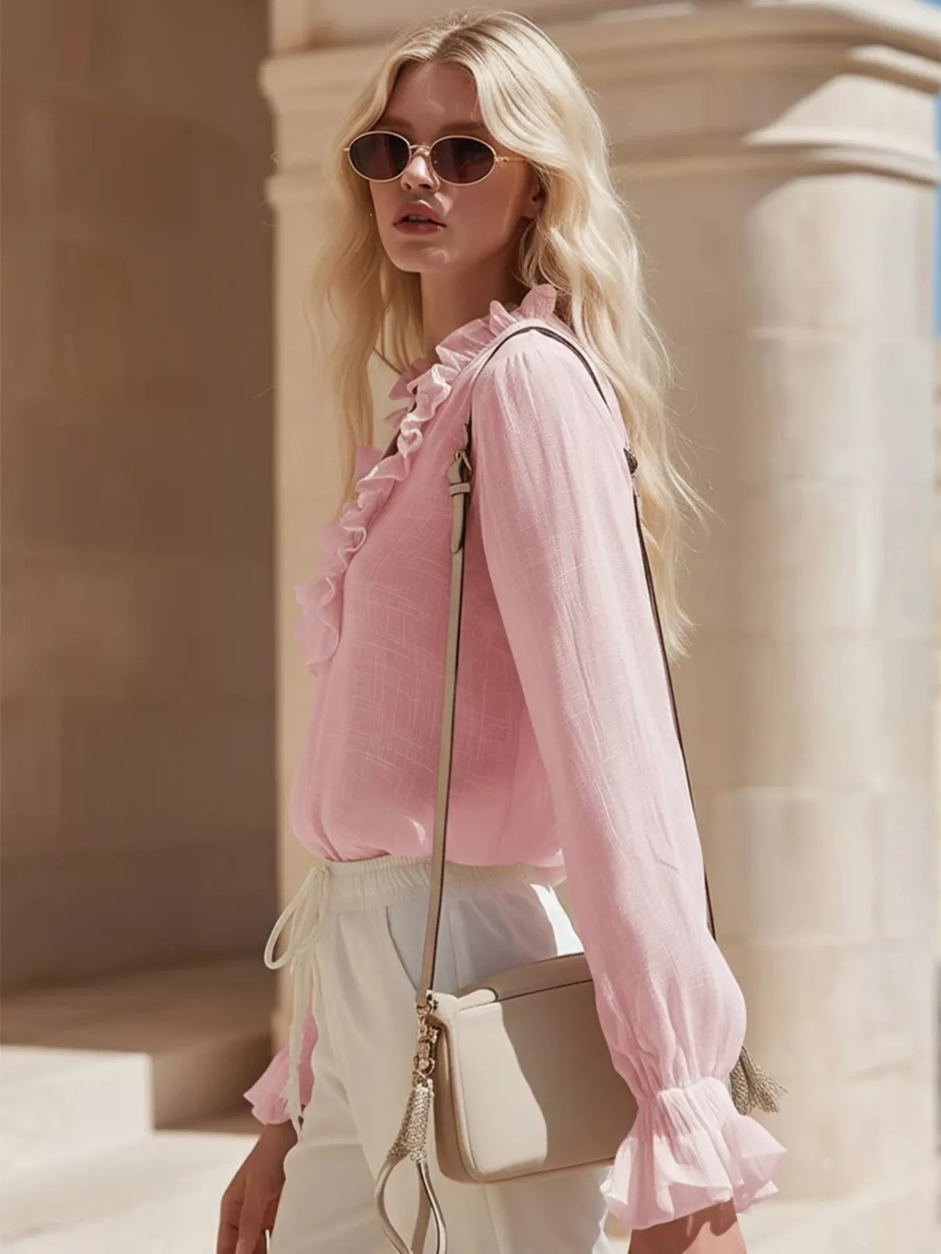 Ruffled V-Neck Long Sleeve Blouse - Image 2