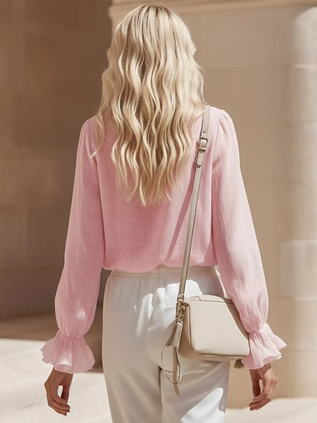 Ruffled V-Neck Long Sleeve Blouse - Image 3