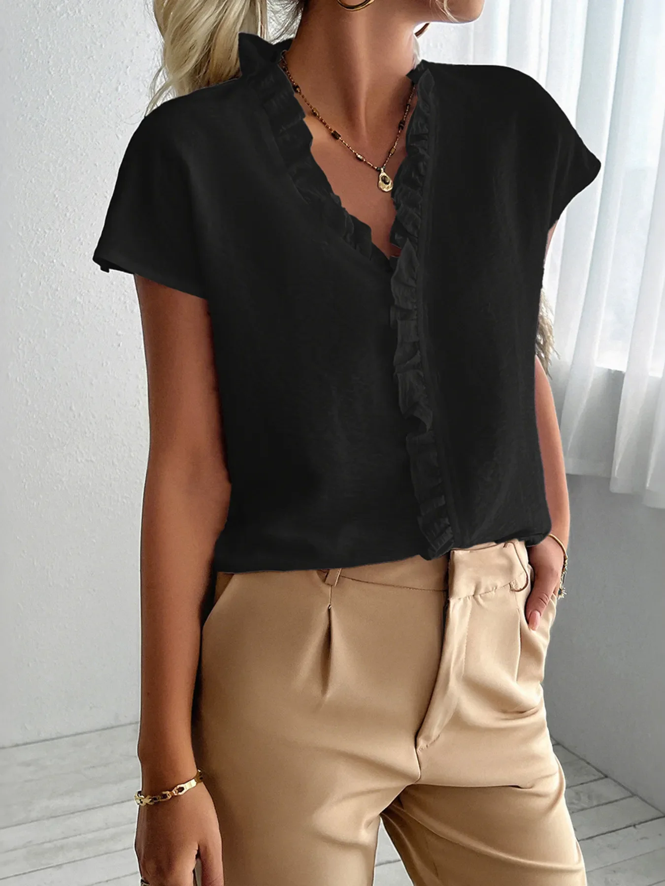 Ruffled V-Neck Short Sleeve Blouse - Image 12