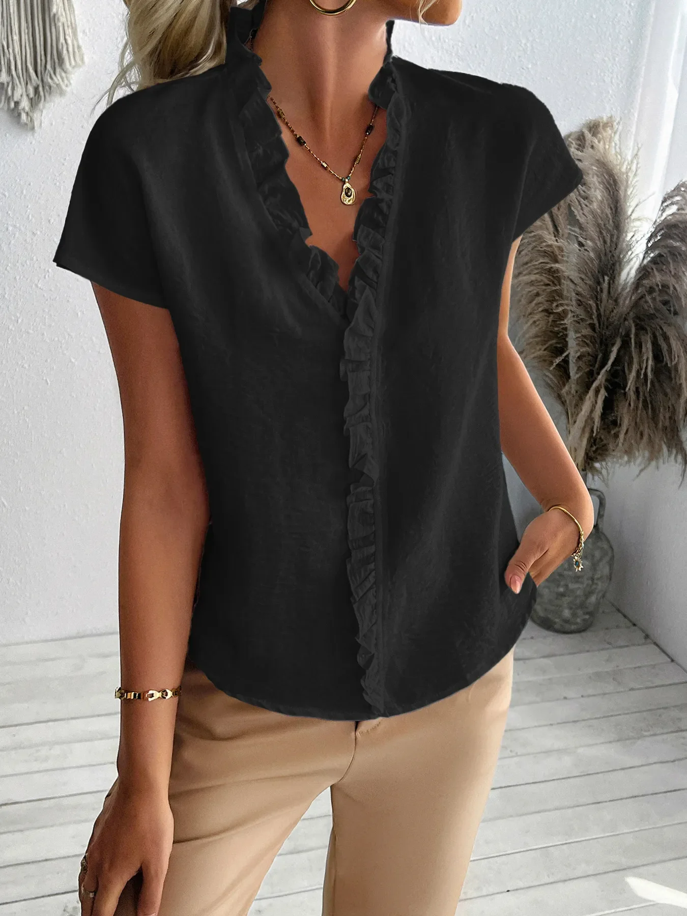 Ruffled V-Neck Short Sleeve Blouse - Image 13
