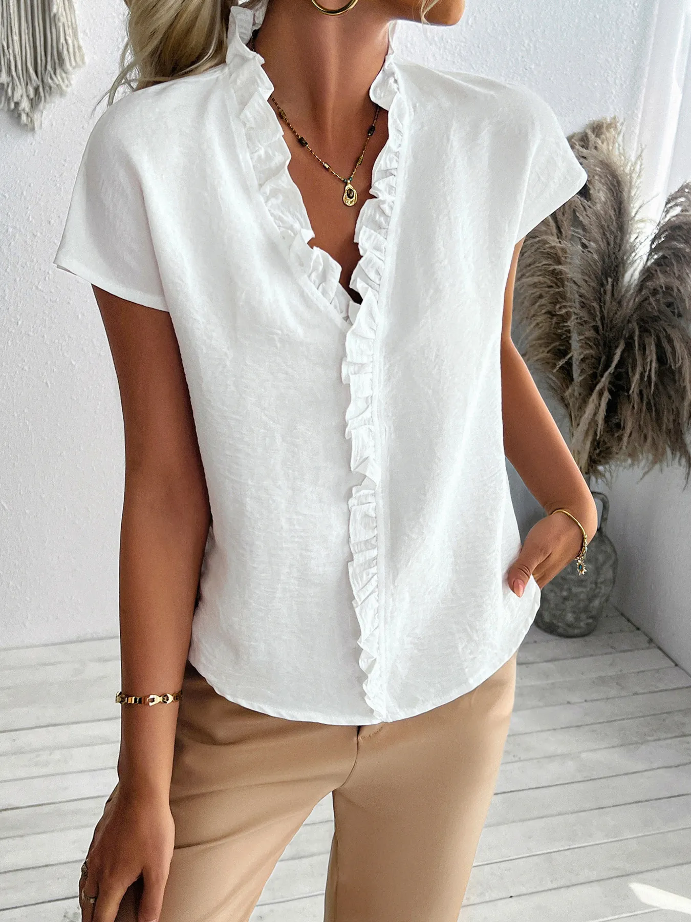Ruffled V-Neck Short Sleeve Blouse - Image 3