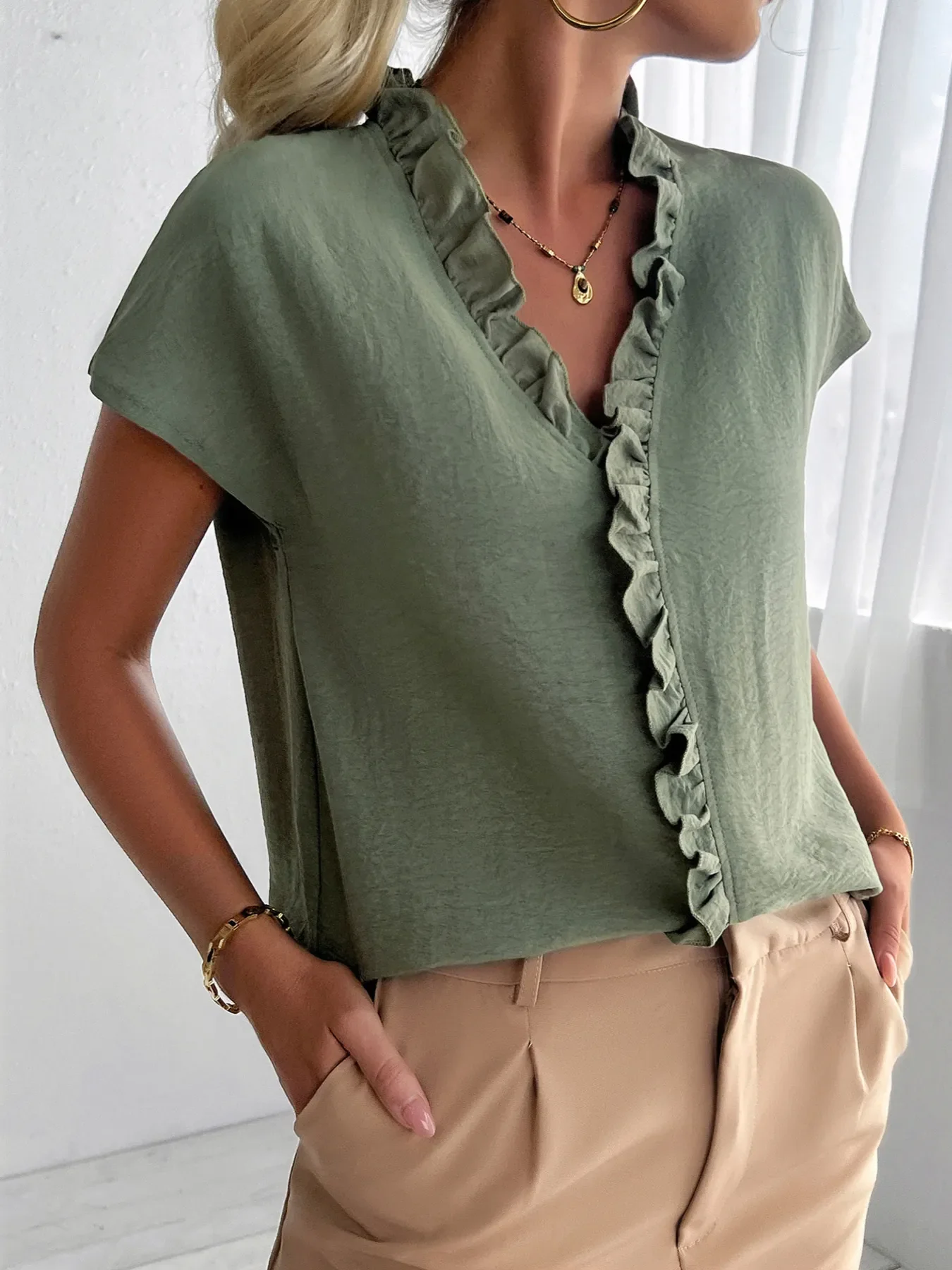 Ruffled V-Neck Short Sleeve Blouse - Image 7