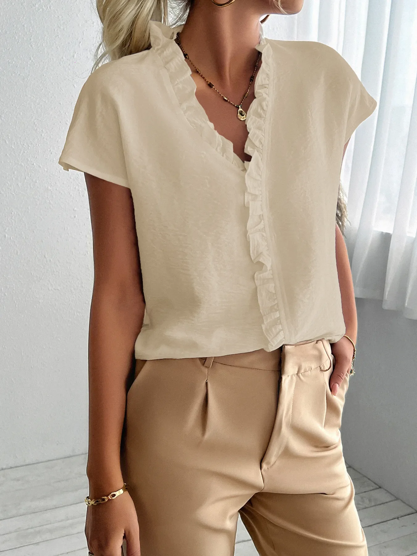 Ruffled V-Neck Short Sleeve Blouse - Image 9