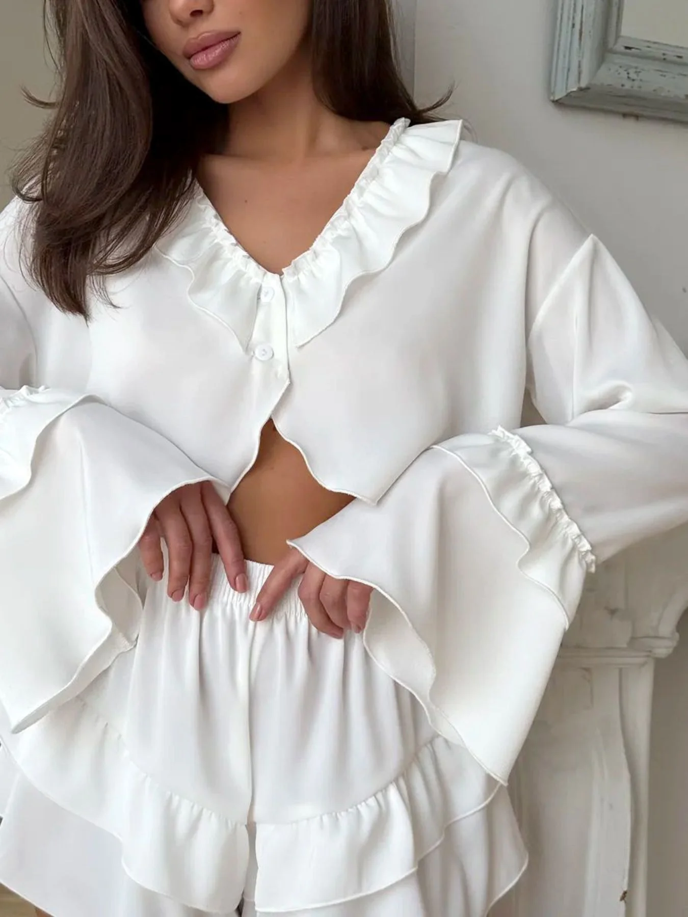 Ruffled V-Neck Top and Shorts Set - Image 19