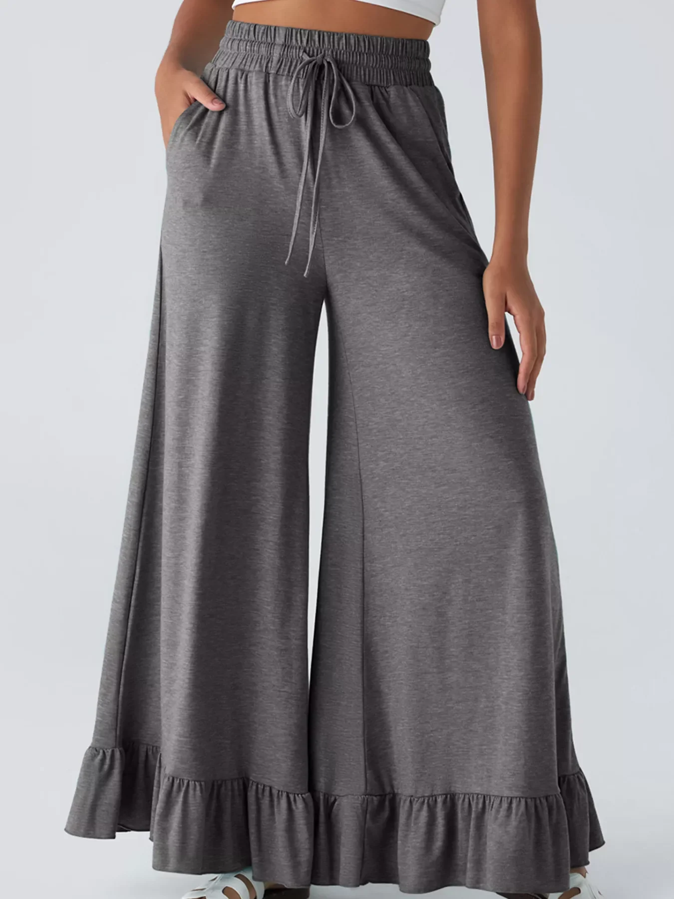 Ruffled Wide Leg Pull On High Waist Pants with Pockets - Image 5