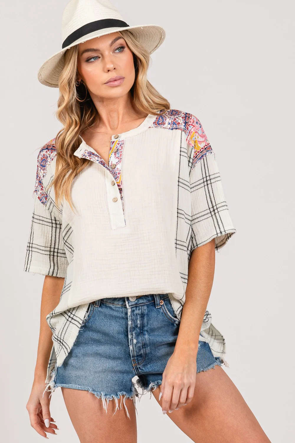 SAGE + FIG Plaid Half Button Gauze Top - Image 3