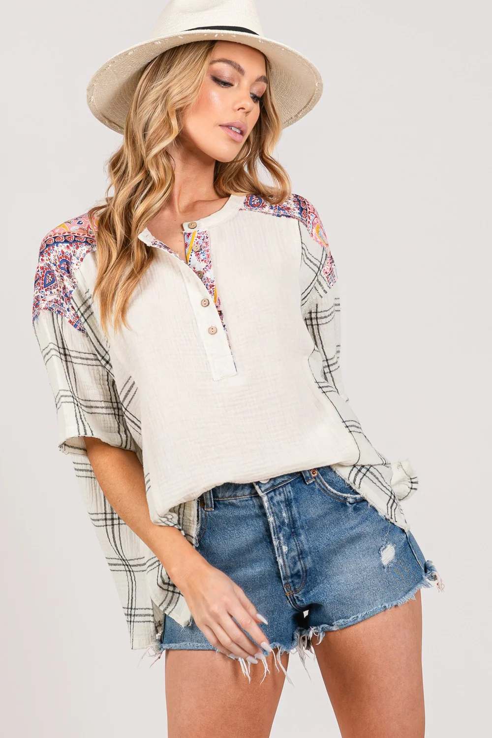 SAGE + FIG Plaid Half Button Gauze Top - Image 4