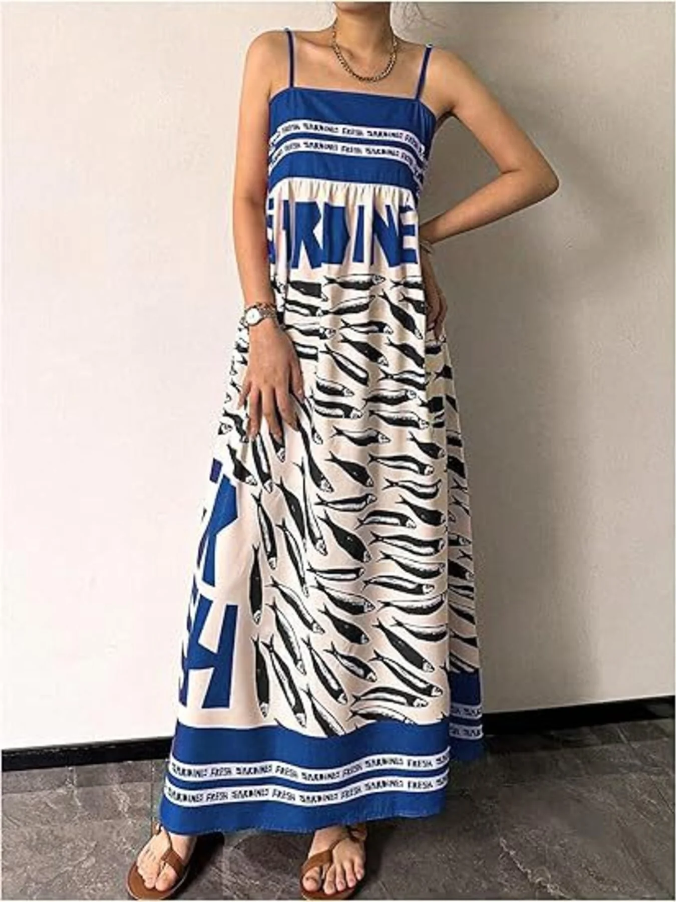 Sardine Print Spaghetti Strap Maxi Dress - Image 4