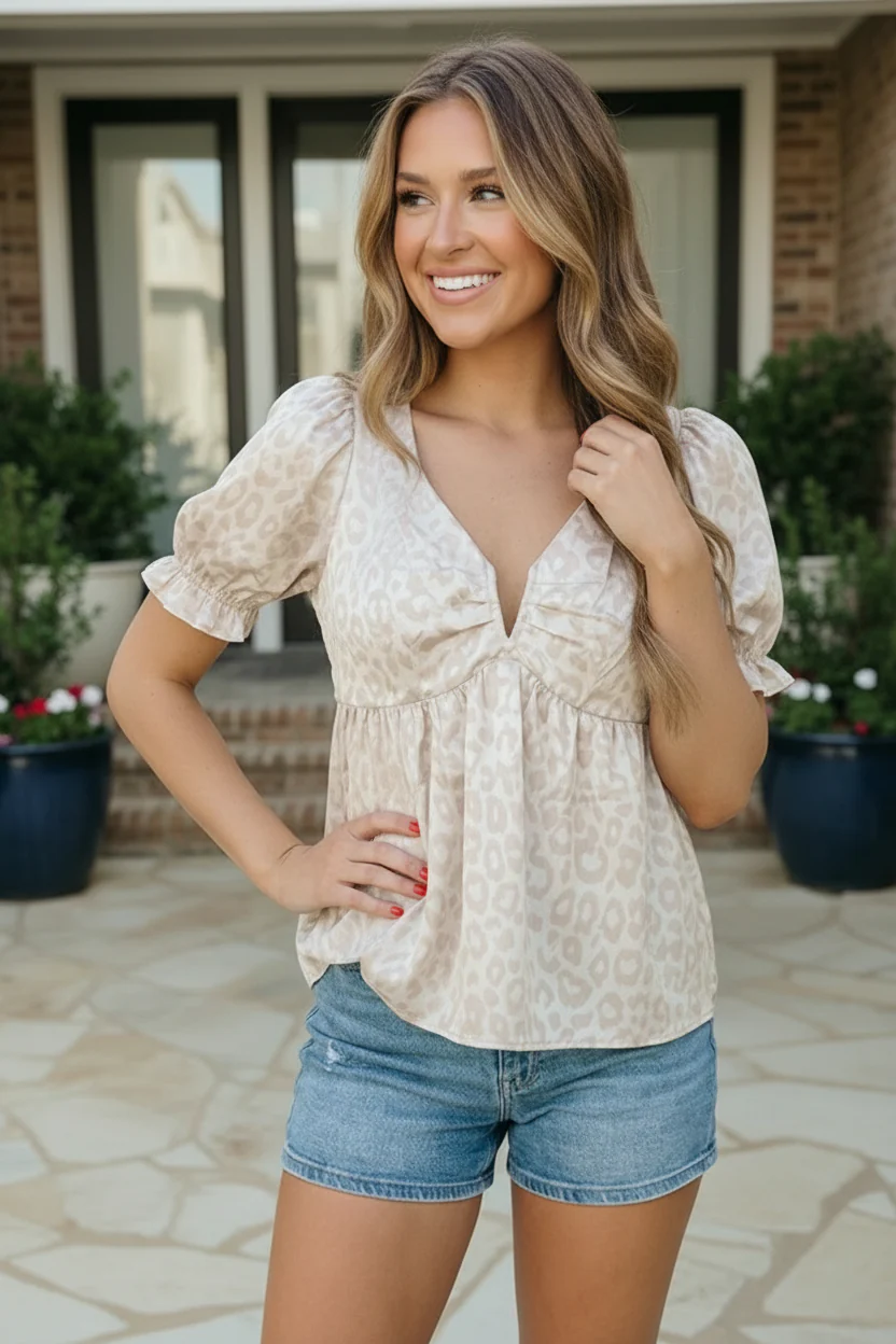 Satin Animal Print Puff Sleeve Babydoll Top - Image 2