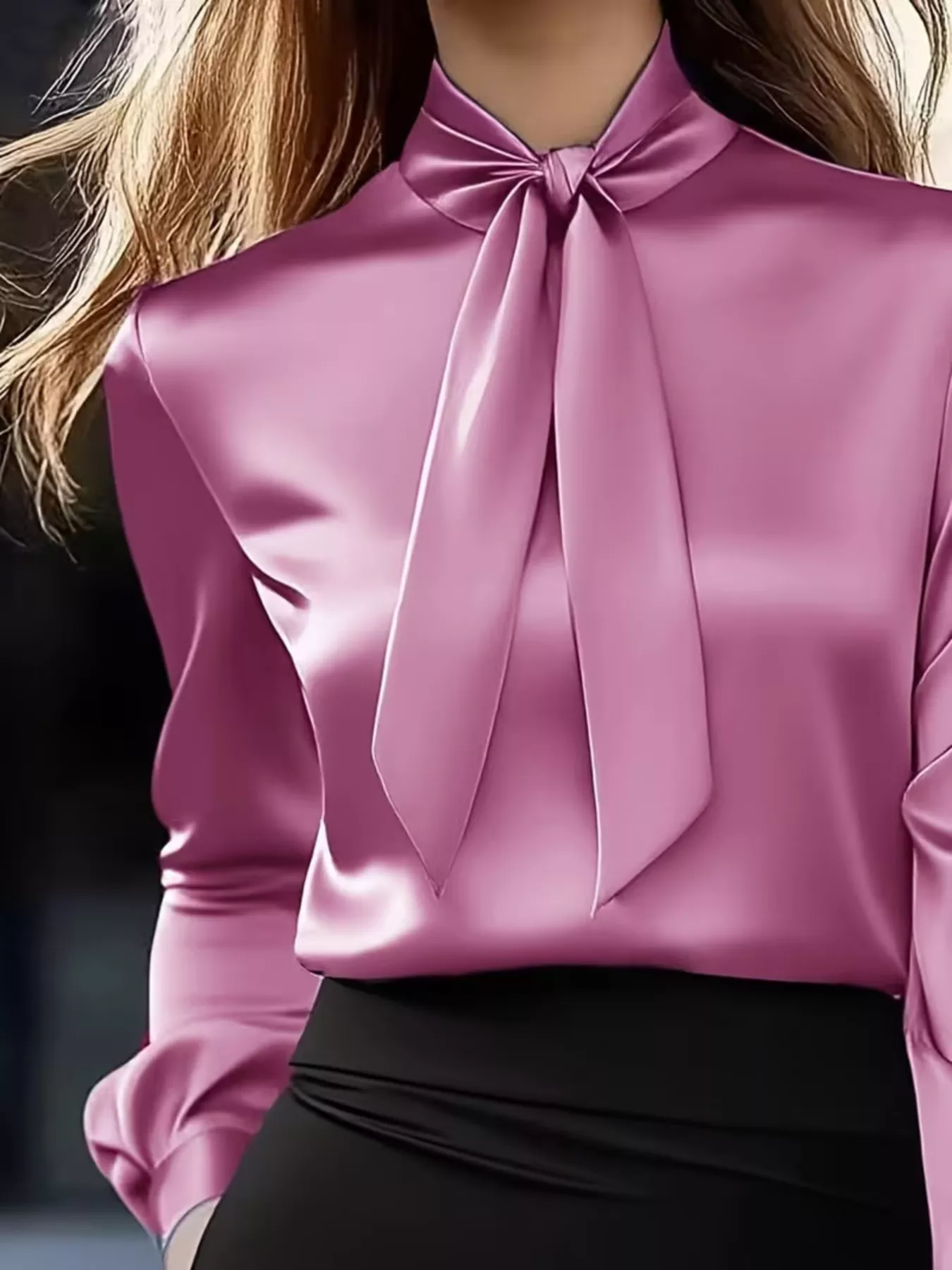Satin Bow Tie Long Sleeve Blouse - Image 11