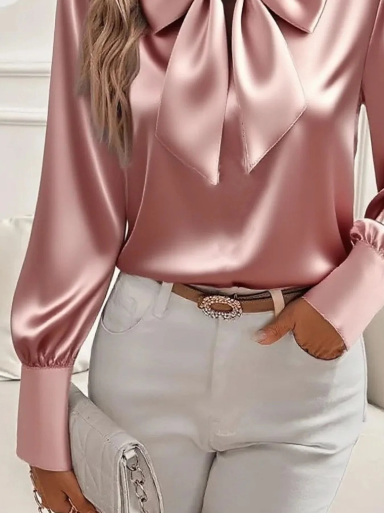 Satin Bow Tie Long Sleeve Top - Image 6