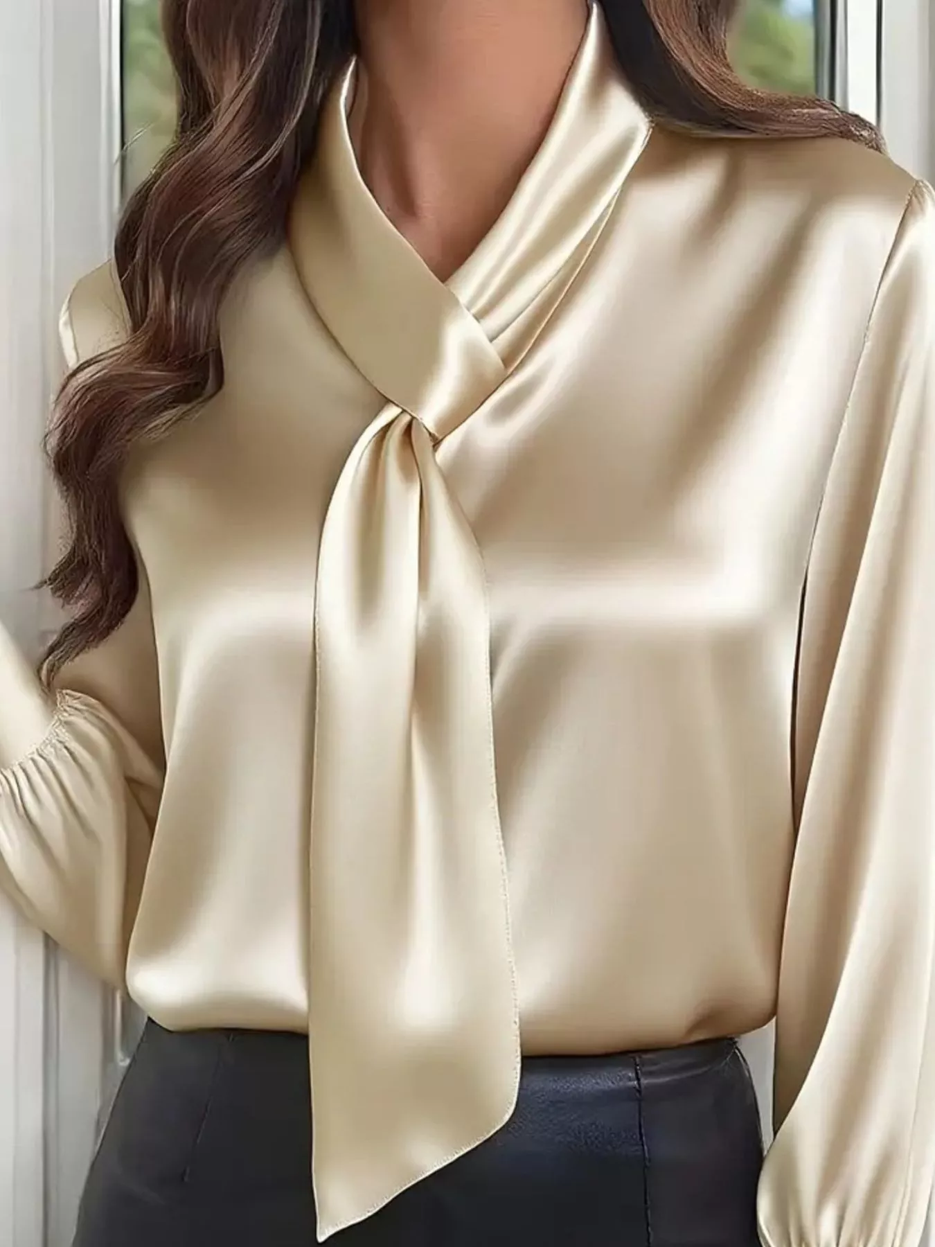 Satin Tie-Neck Long Sleeve Blouse - Image 2