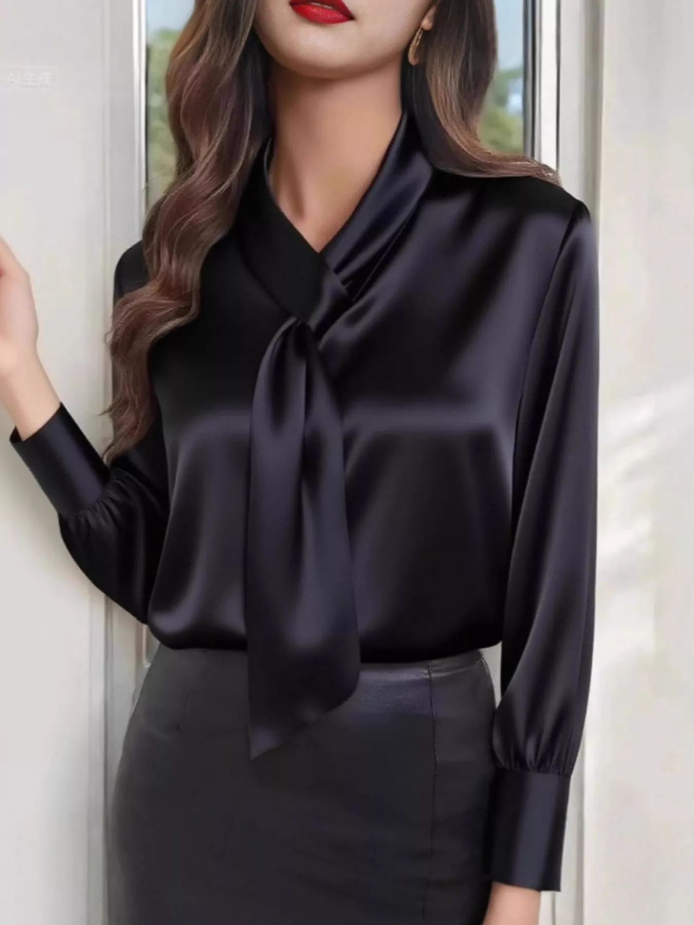 Satin Tie-Neck Long Sleeve Blouse - Image 3