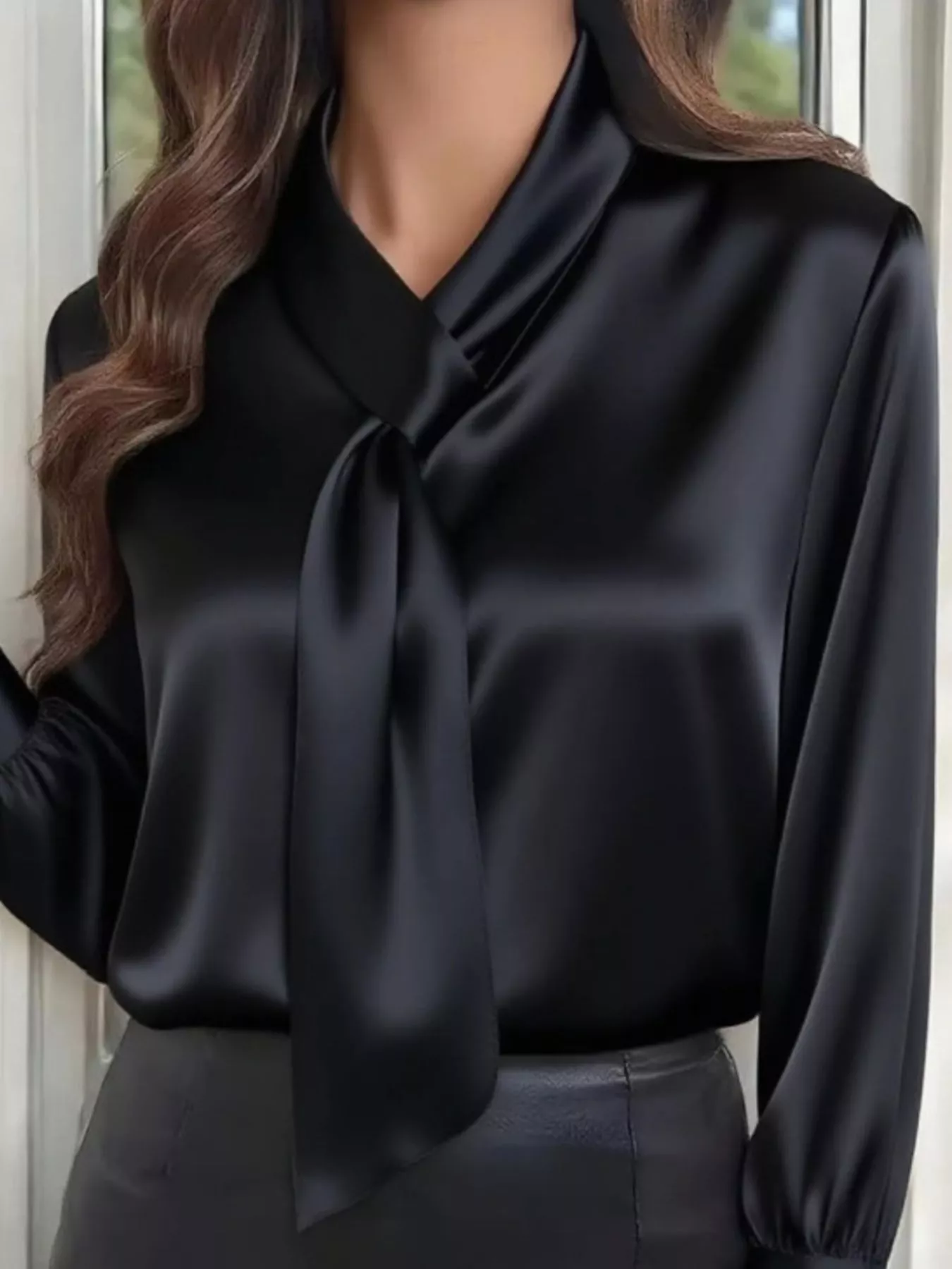 Satin Tie-Neck Long Sleeve Blouse - Image 4