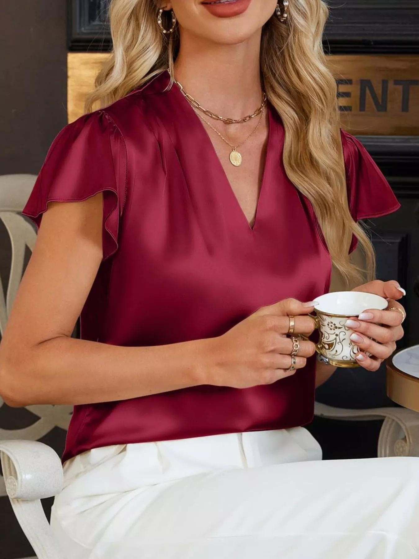 Satin V-Neck Flutter Sleeve Blouse - Image 11