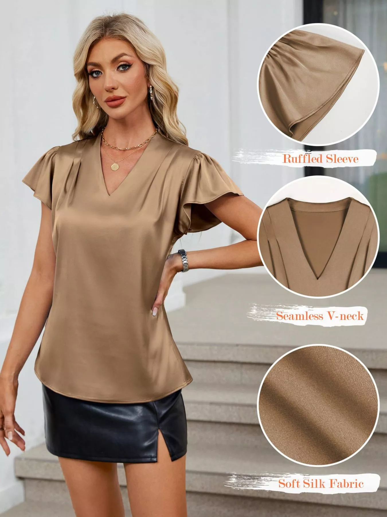 Satin V-Neck Flutter Sleeve Blouse - Image 20
