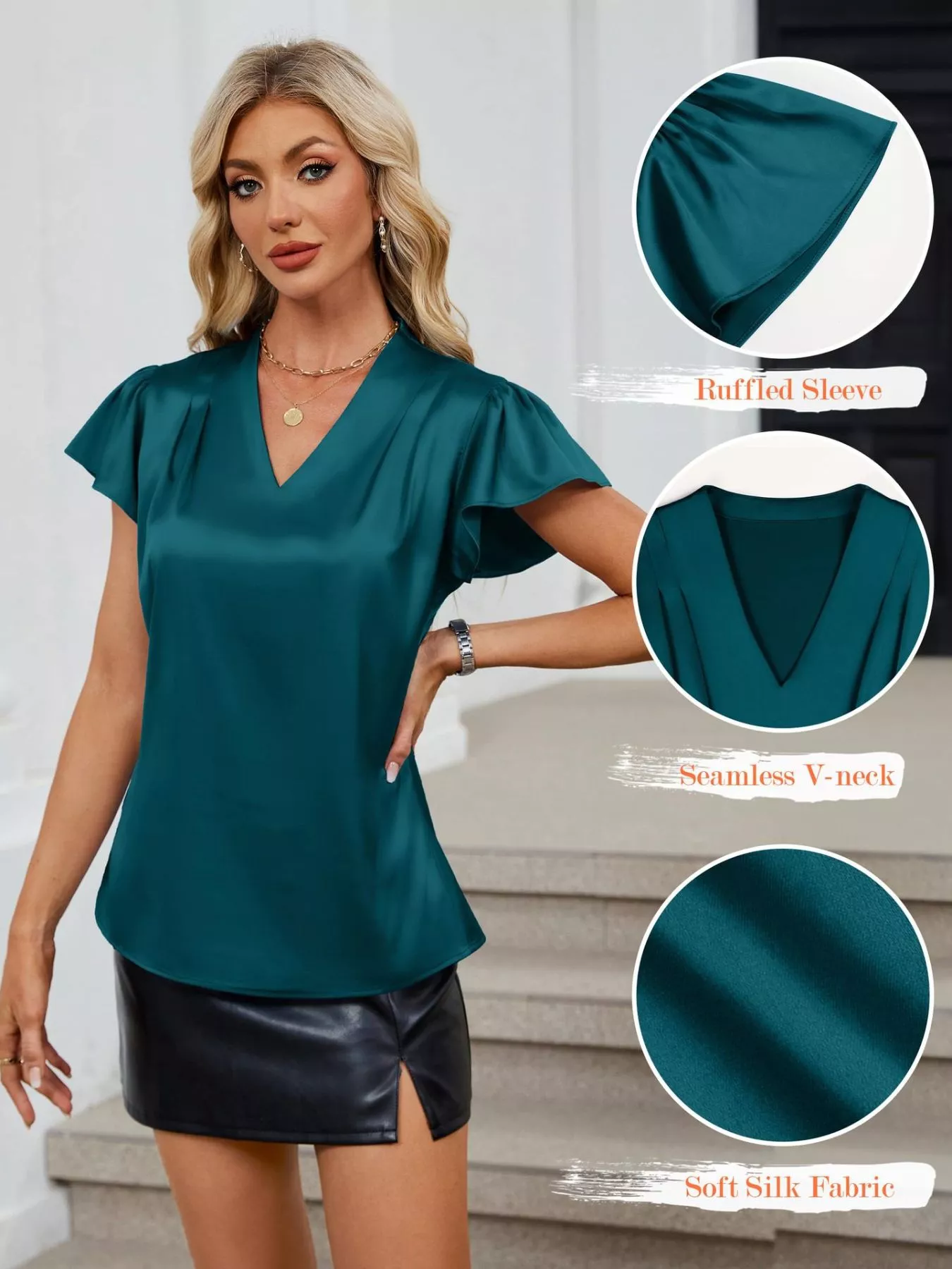 Satin V-Neck Flutter Sleeve Blouse - Image 24