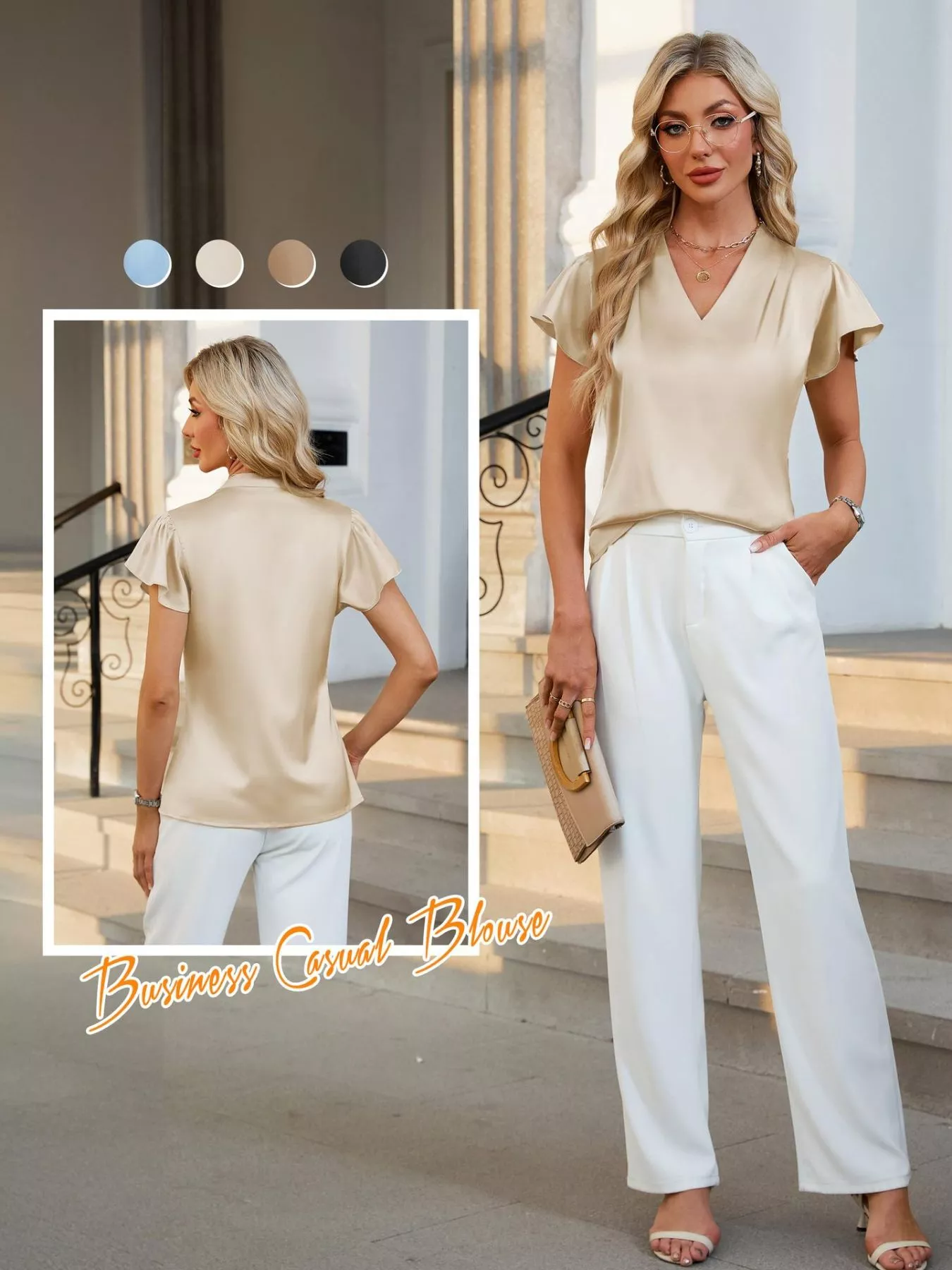 Satin V-Neck Flutter Sleeve Blouse - Image 3