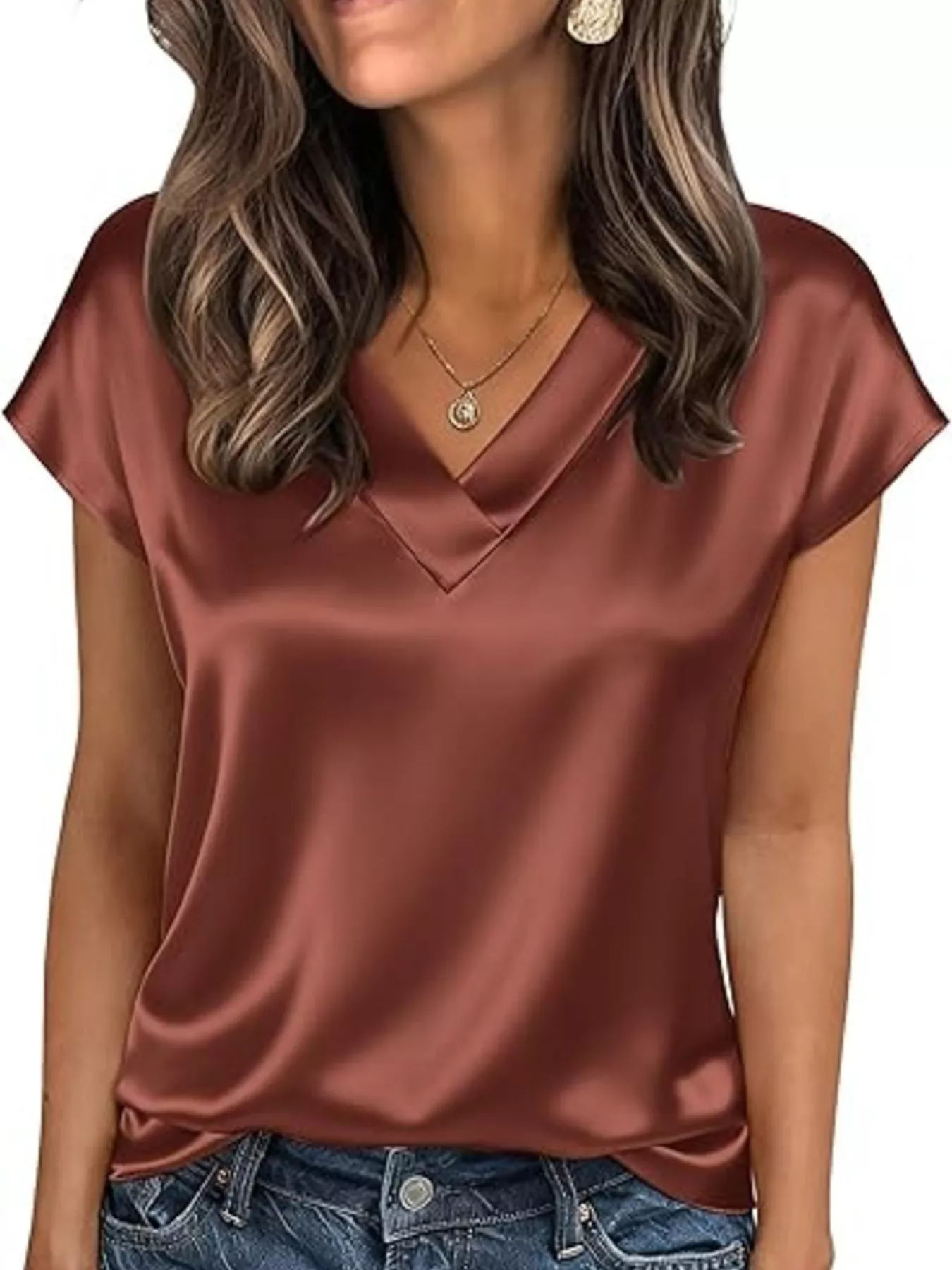 Satin V-Neck Short Sleeve Blouse - Image 12