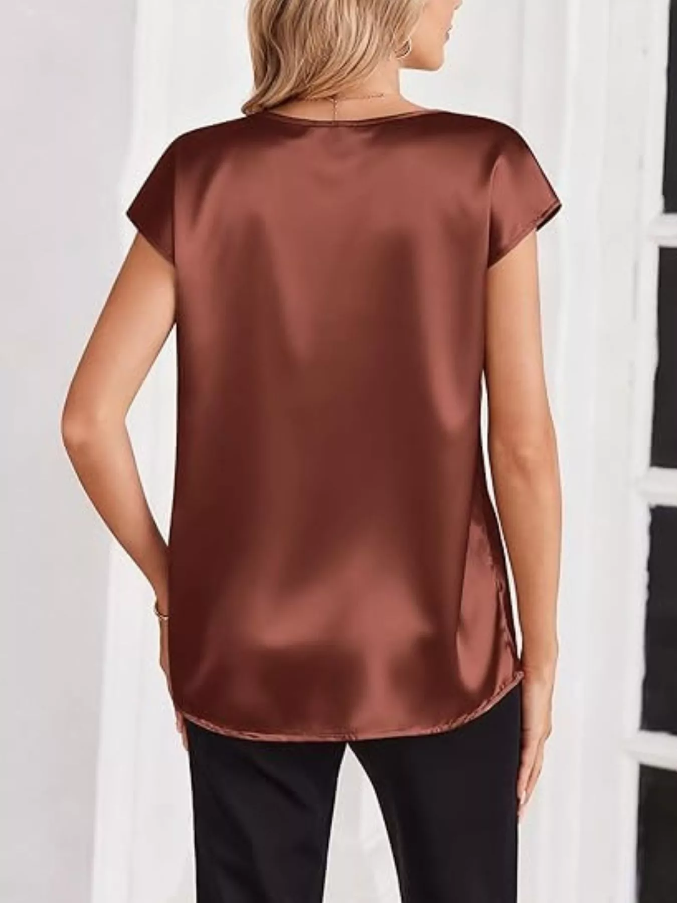 Satin V-Neck Short Sleeve Blouse - Image 13