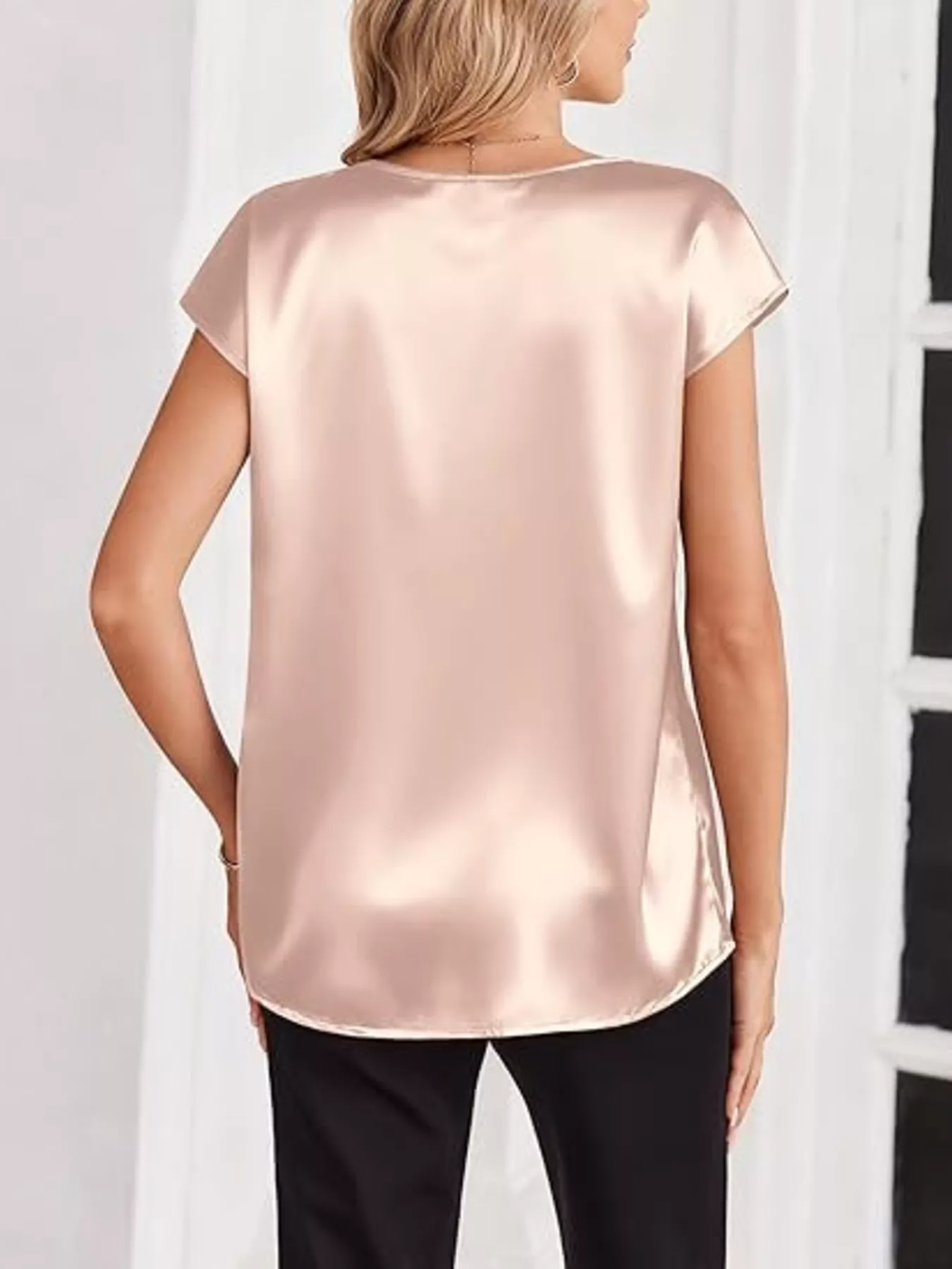 Satin V-Neck Short Sleeve Blouse - Image 16
