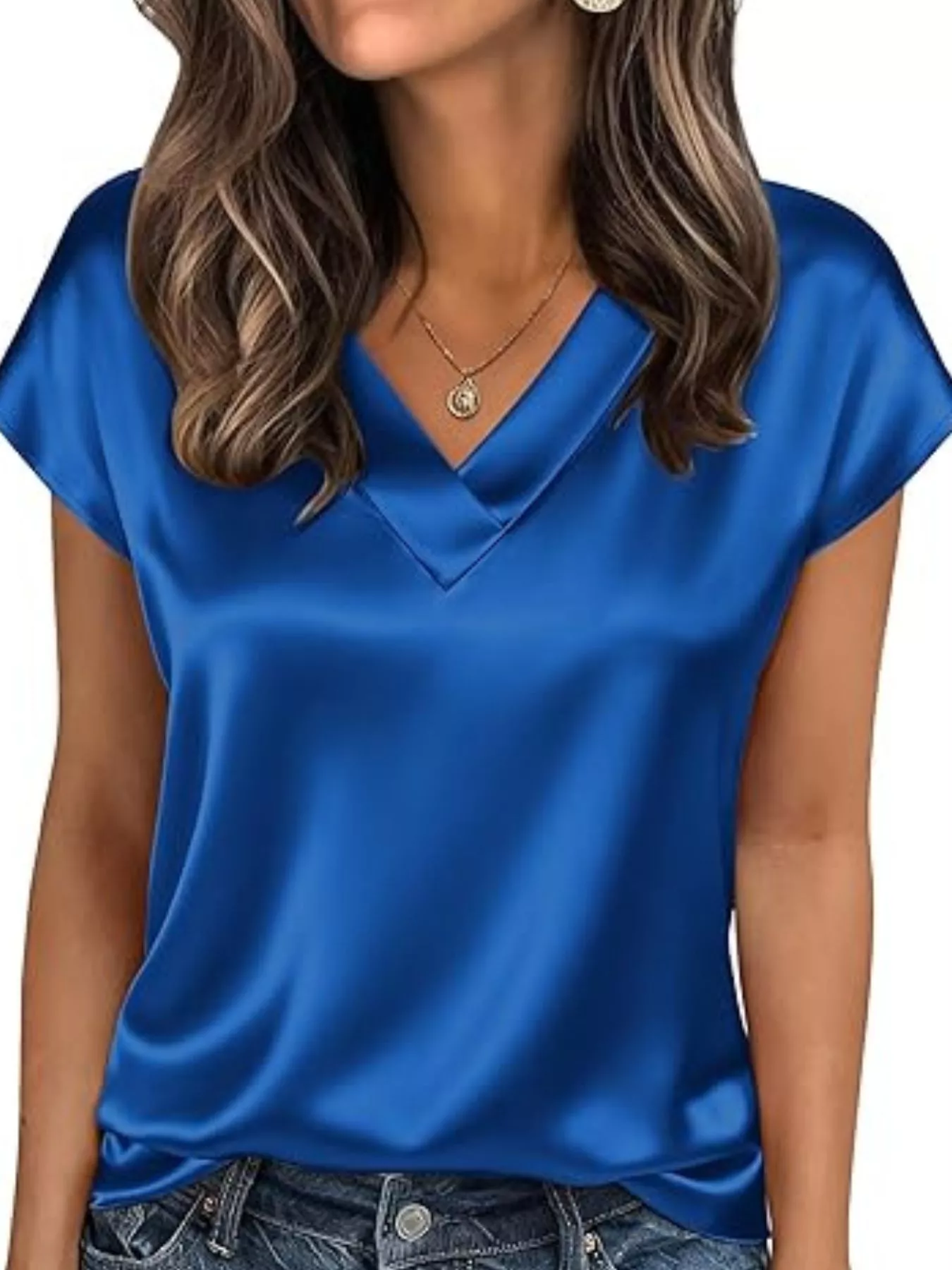 Satin V-Neck Short Sleeve Blouse - Image 31