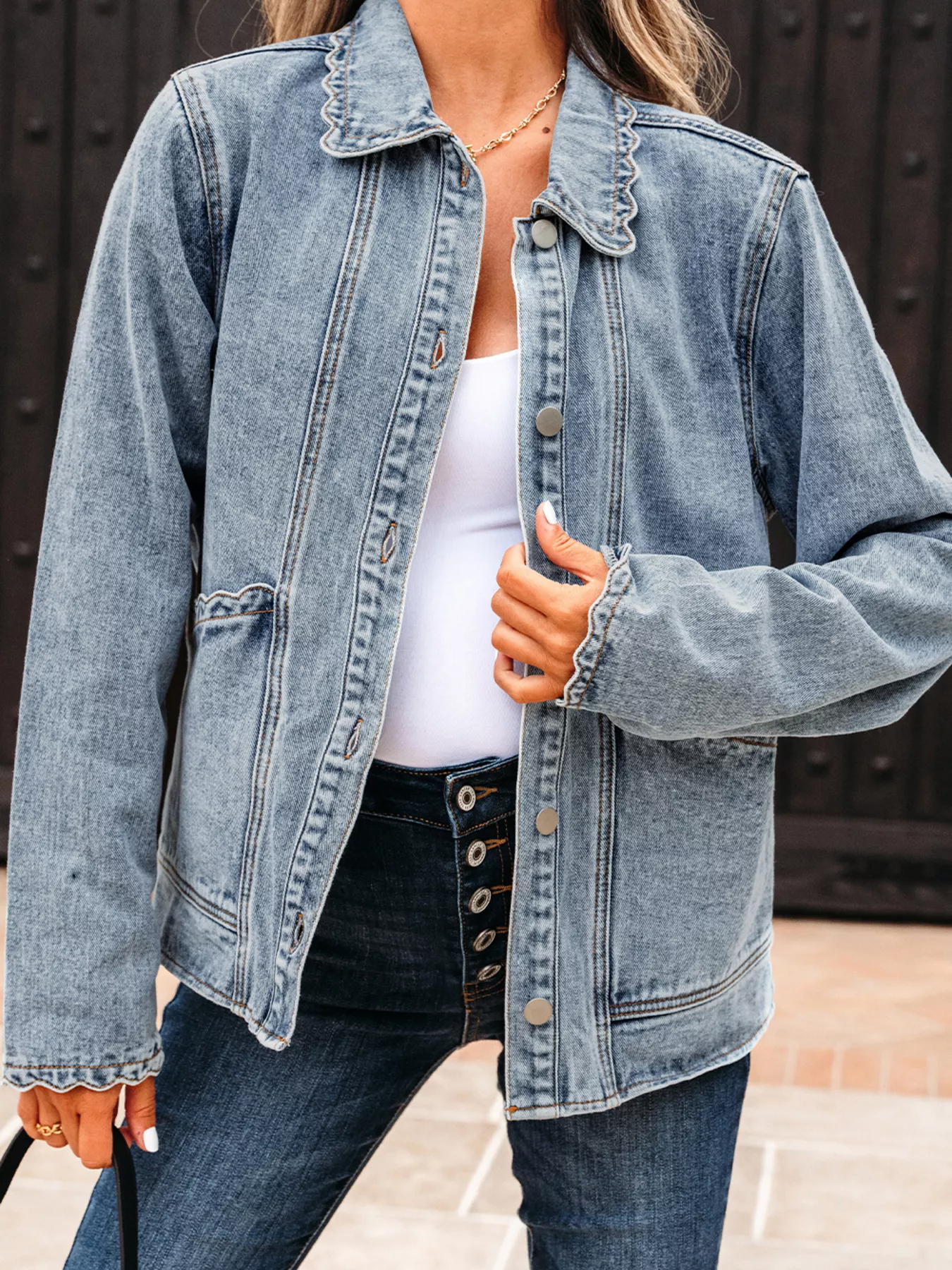 Scallop Trim Collar Patched Pocket Button Up Denim Jacket - Image 2