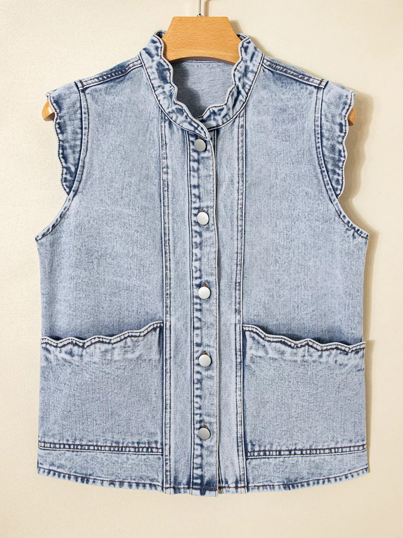 Scalloped Trim Patch Pocket Button Front Denim Vest - Image 4