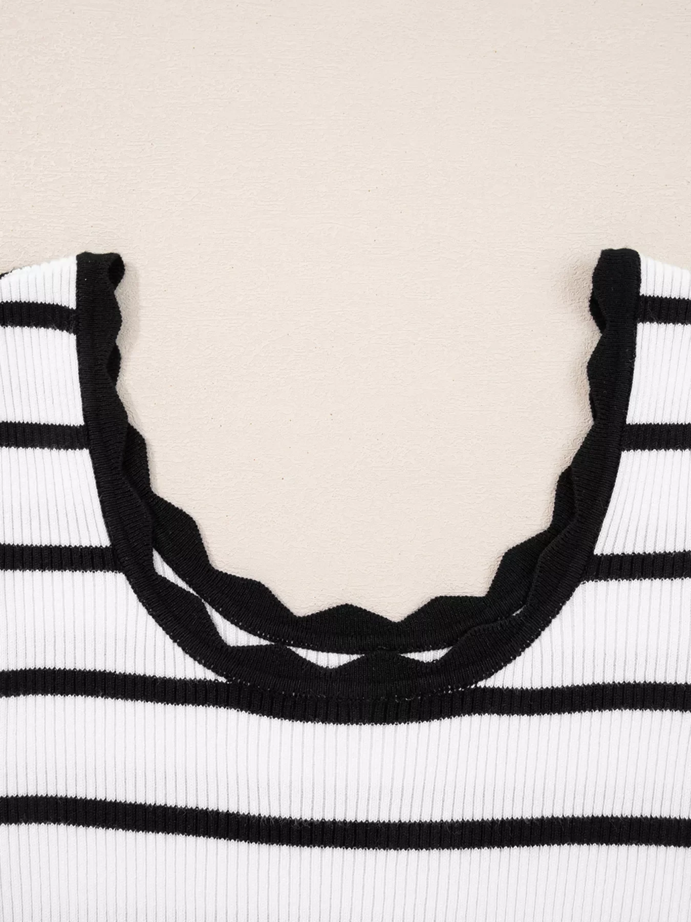 Scalloped Trim U Neck Striped Ribbed Slim Knit Top - Image 4