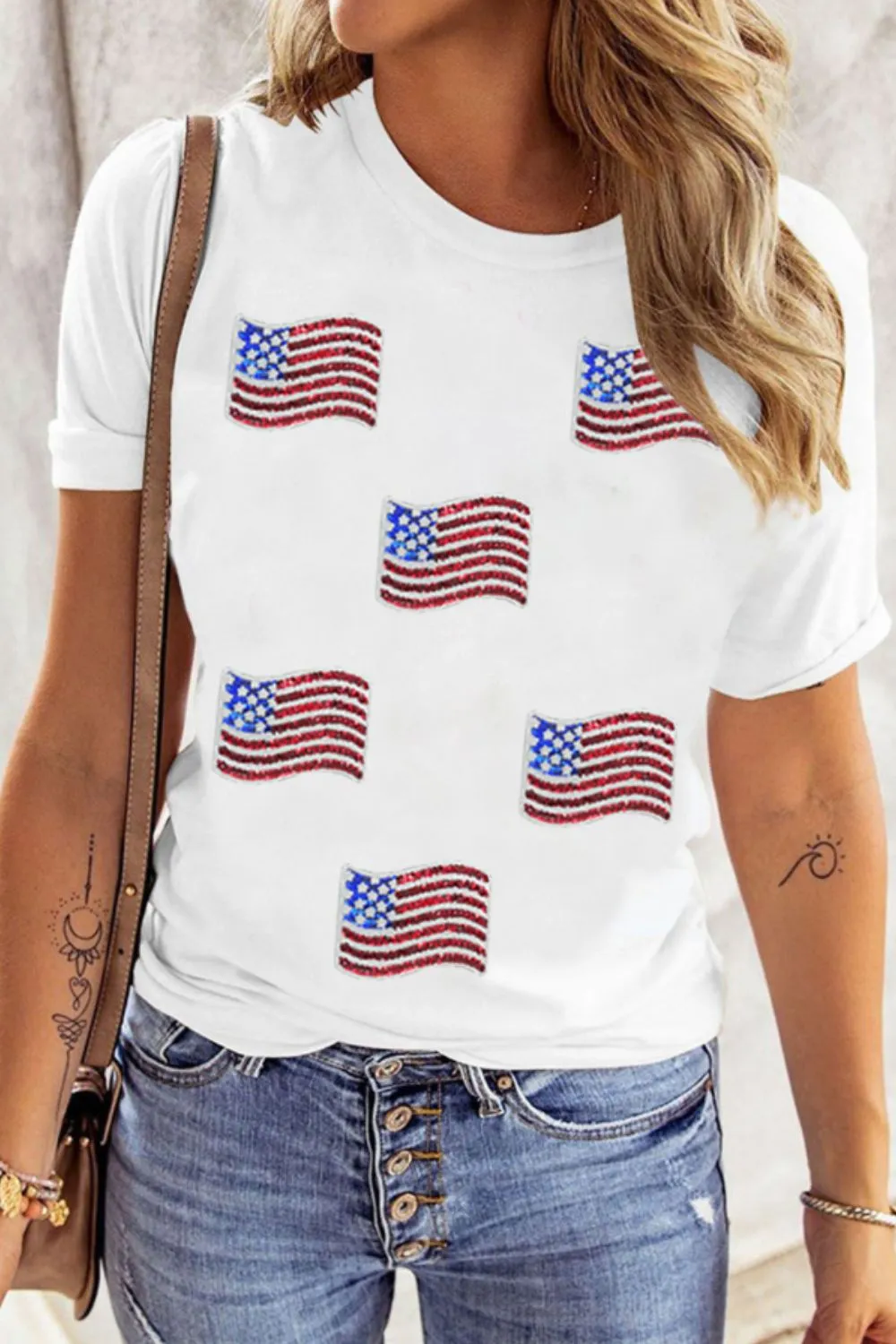 Sequin American Flag Patched Casual T Shirt - Image 3