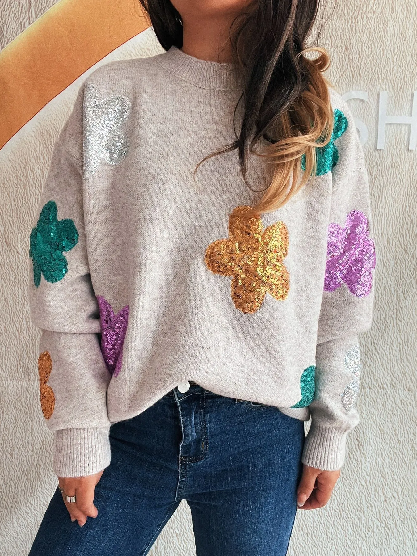 Sequin Flower Round Neck Long Sleeve Sweater - Image 3