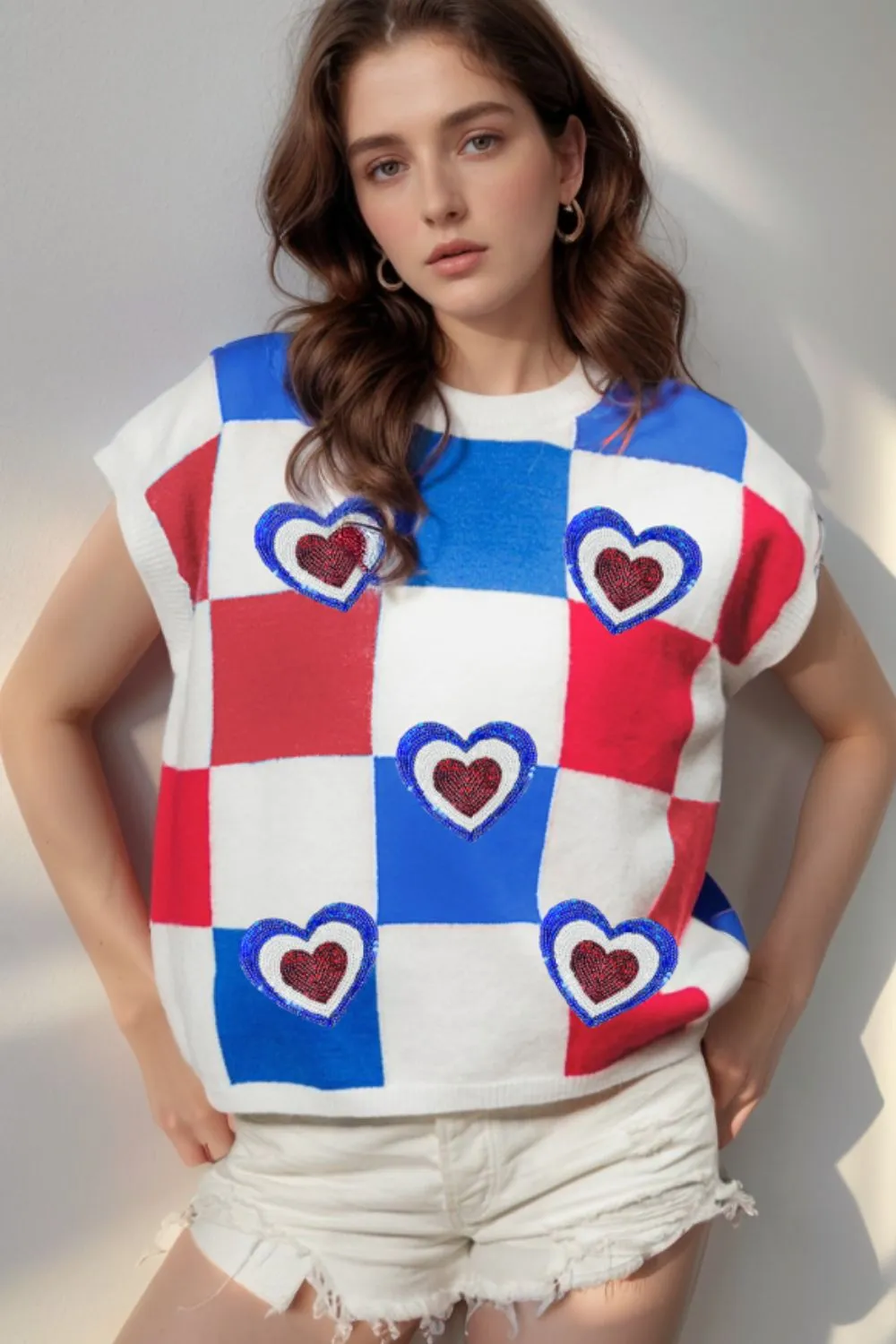 Sequin Heart Color Block Round Neck Knit Top - Image 2