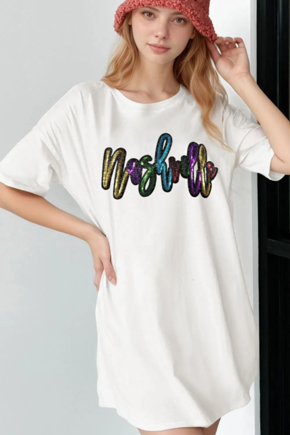 Sequin Round Neck Short Sleeve Oversized T-Shirt - Image 2