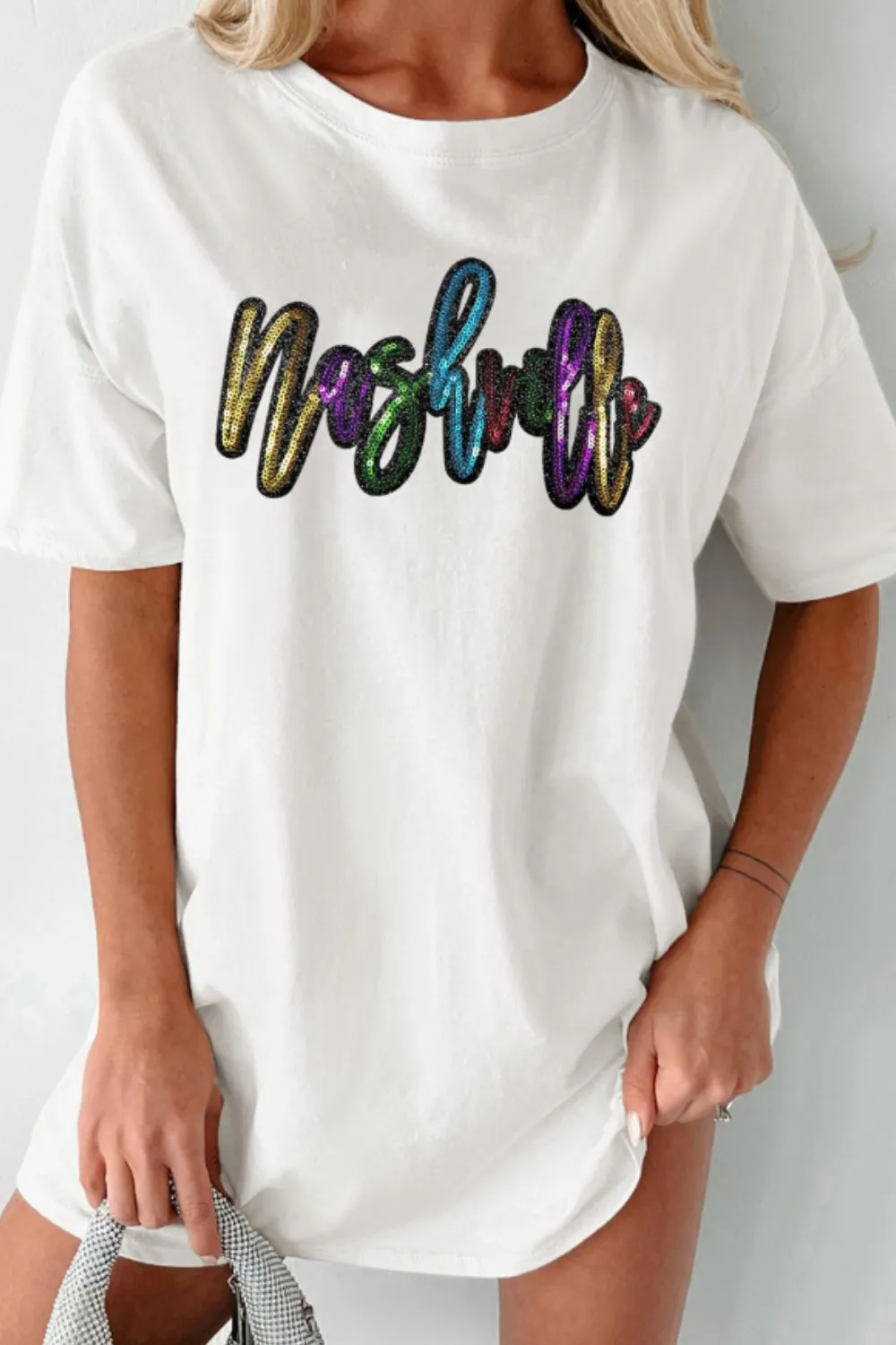 Sequin Round Neck Short Sleeve Oversized T-Shirt - Image 5