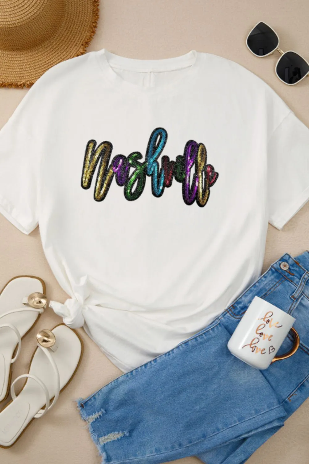 Sequin Round Neck Short Sleeve Oversized T-Shirt - Image 6
