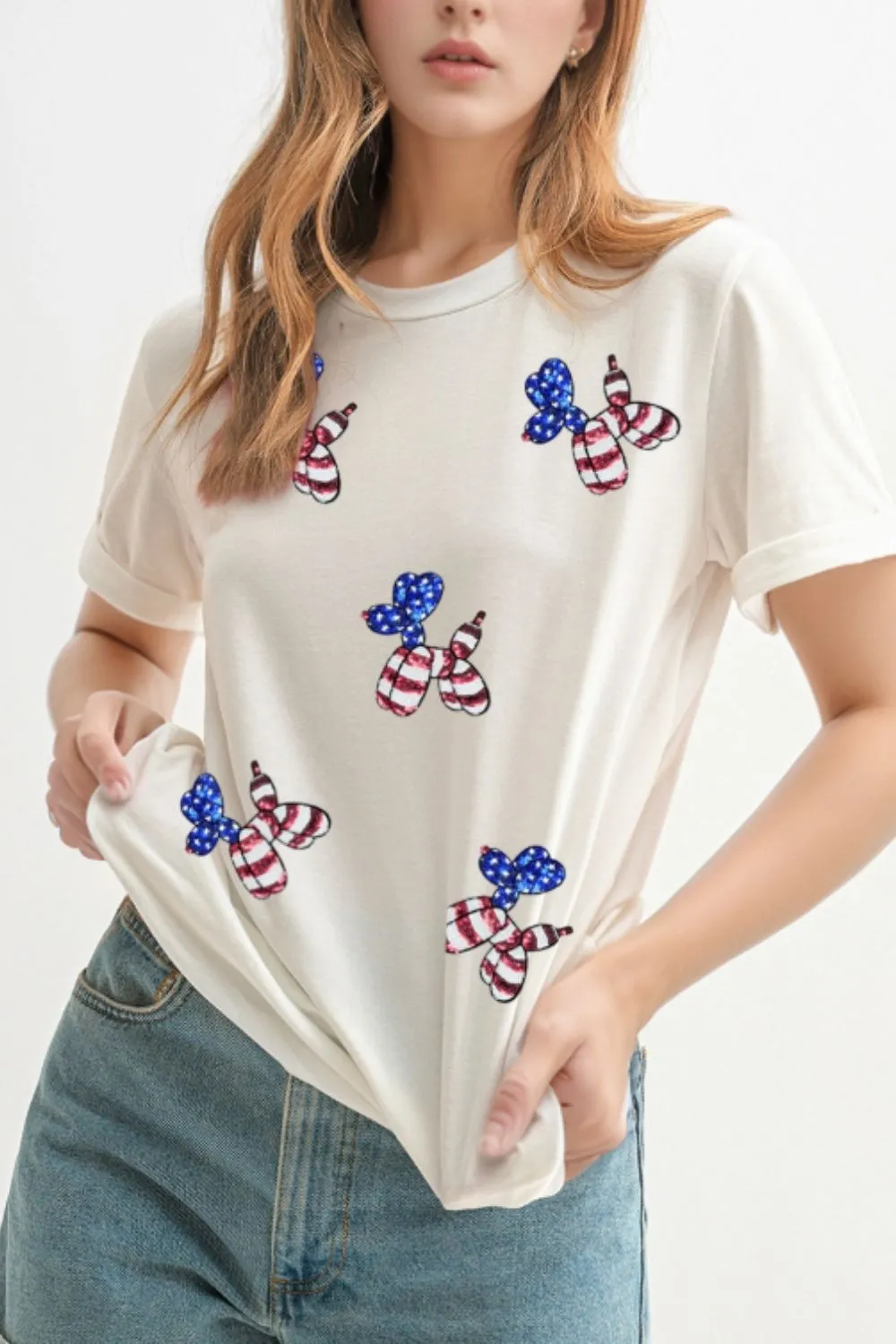 Sequin Stars and Stripes Balloon Puppy Graphic Crewneck Tee - Image 5