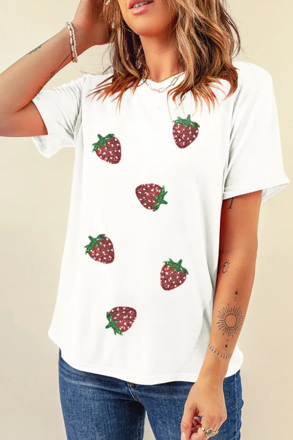 Sequin Strawberry Crew Neck Short Sleeve T Shirt - Image 4