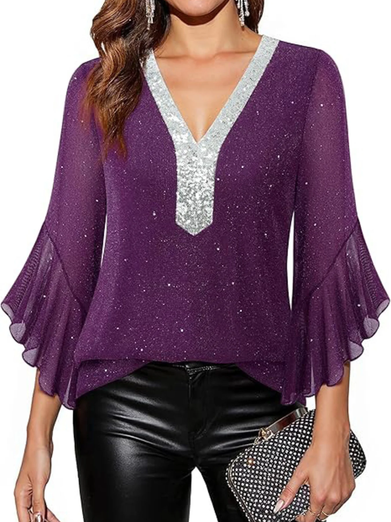 Sequin V-Neck Flounce Sleeve Blouse - Image 20