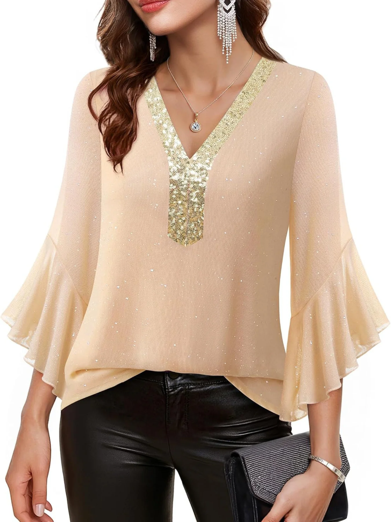 Sequin V-Neck Flounce Sleeve Blouse - Image 4