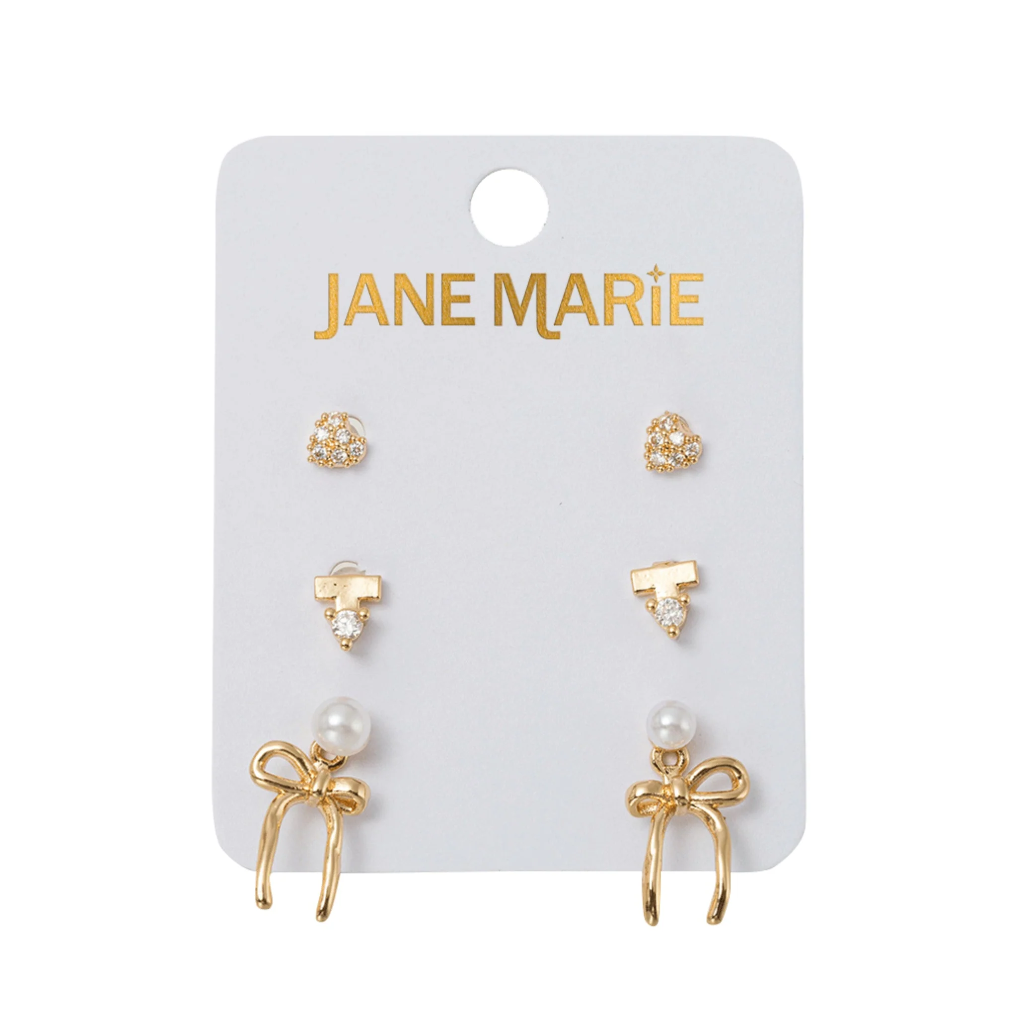 Set of 3 Earrings, Crystal Heart, Crystal with Bar, Pearl with Bow Jacket