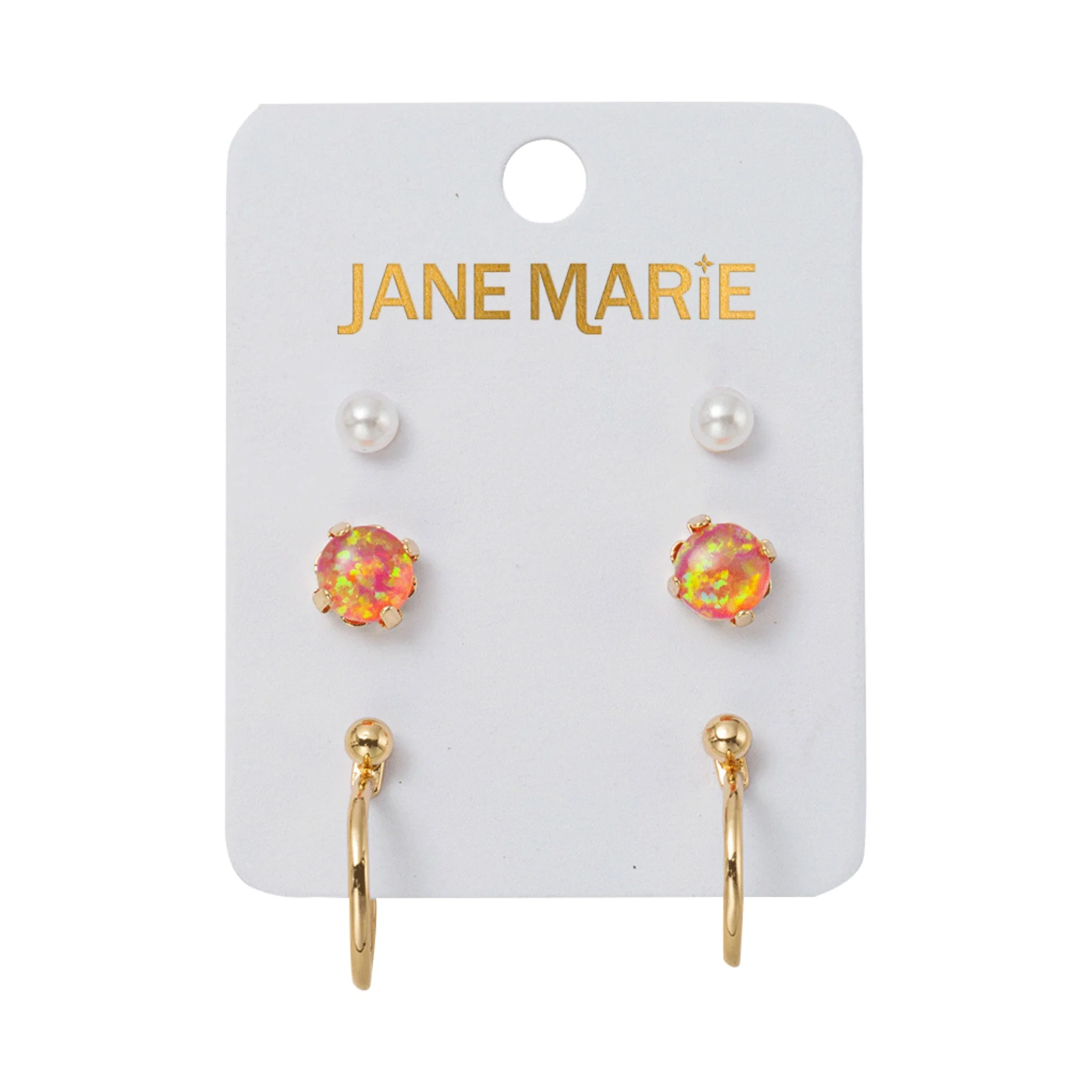 Set of 3 Earrings, Pearl, Pink Opal, Gold Ball with Hoop Jacket