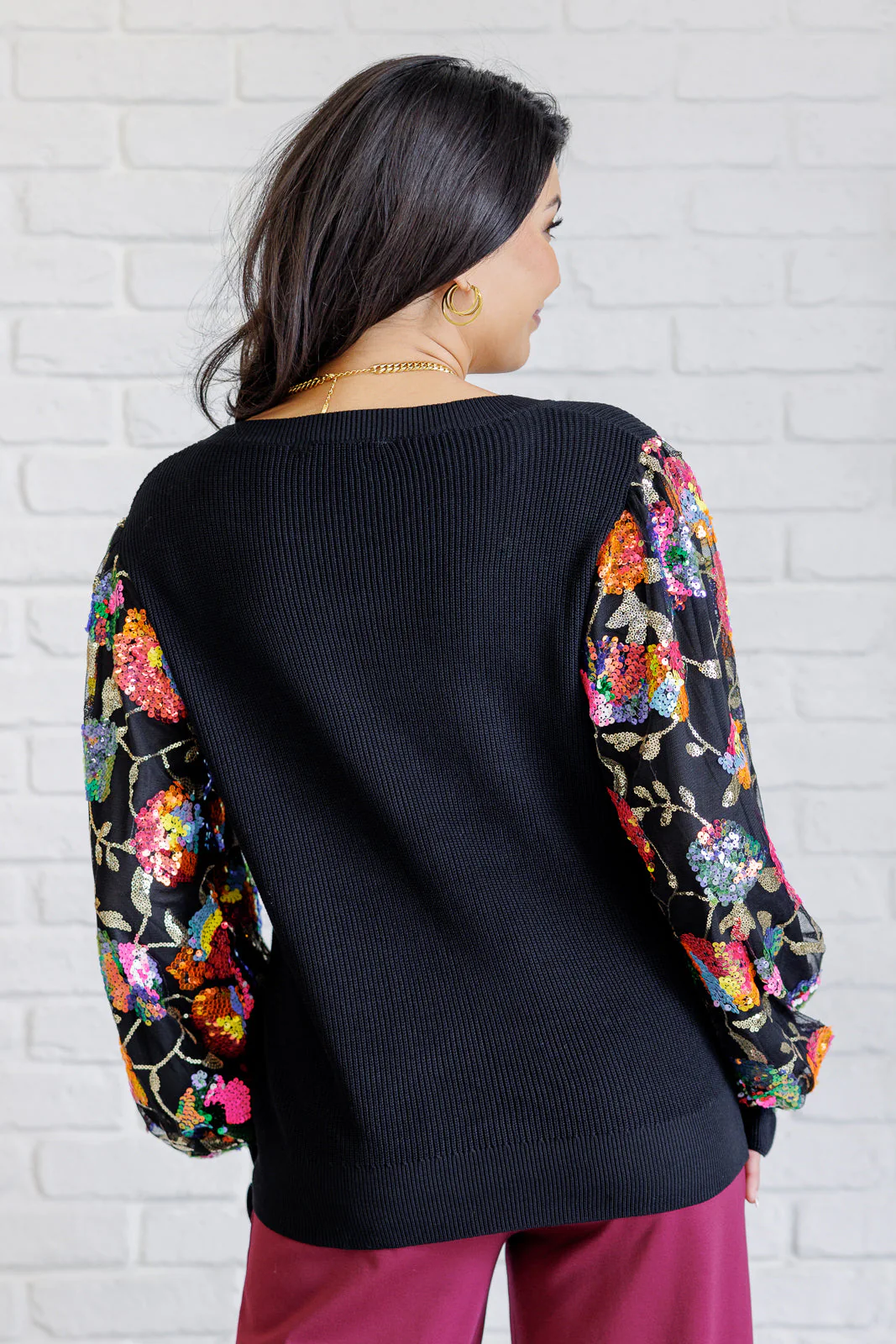 She is the Party Floral Sequins Mesh Sleeve Top - Image 8