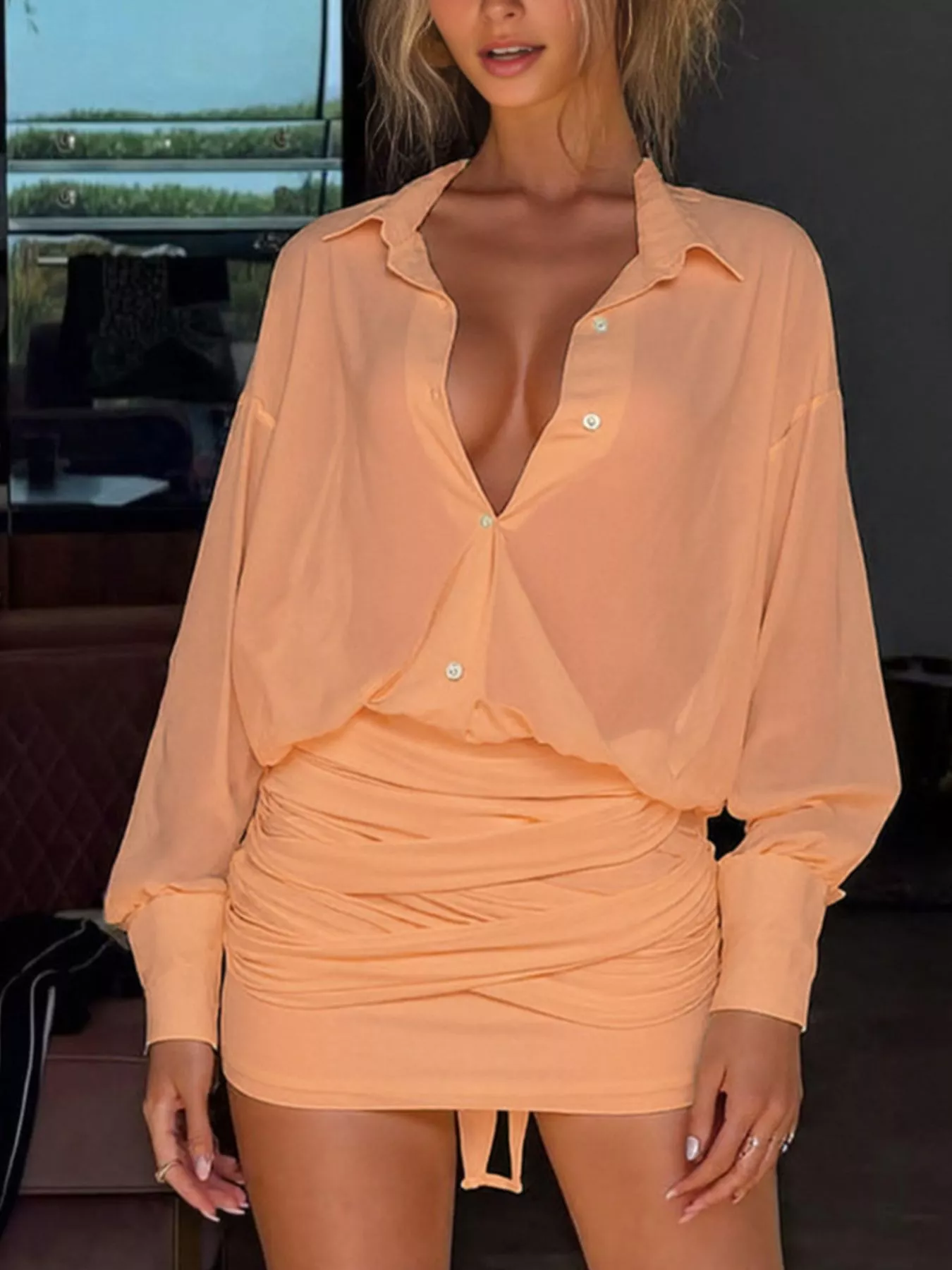 Sheer Button-Down Mini Shirt Dress with Back Tie - Image 11
