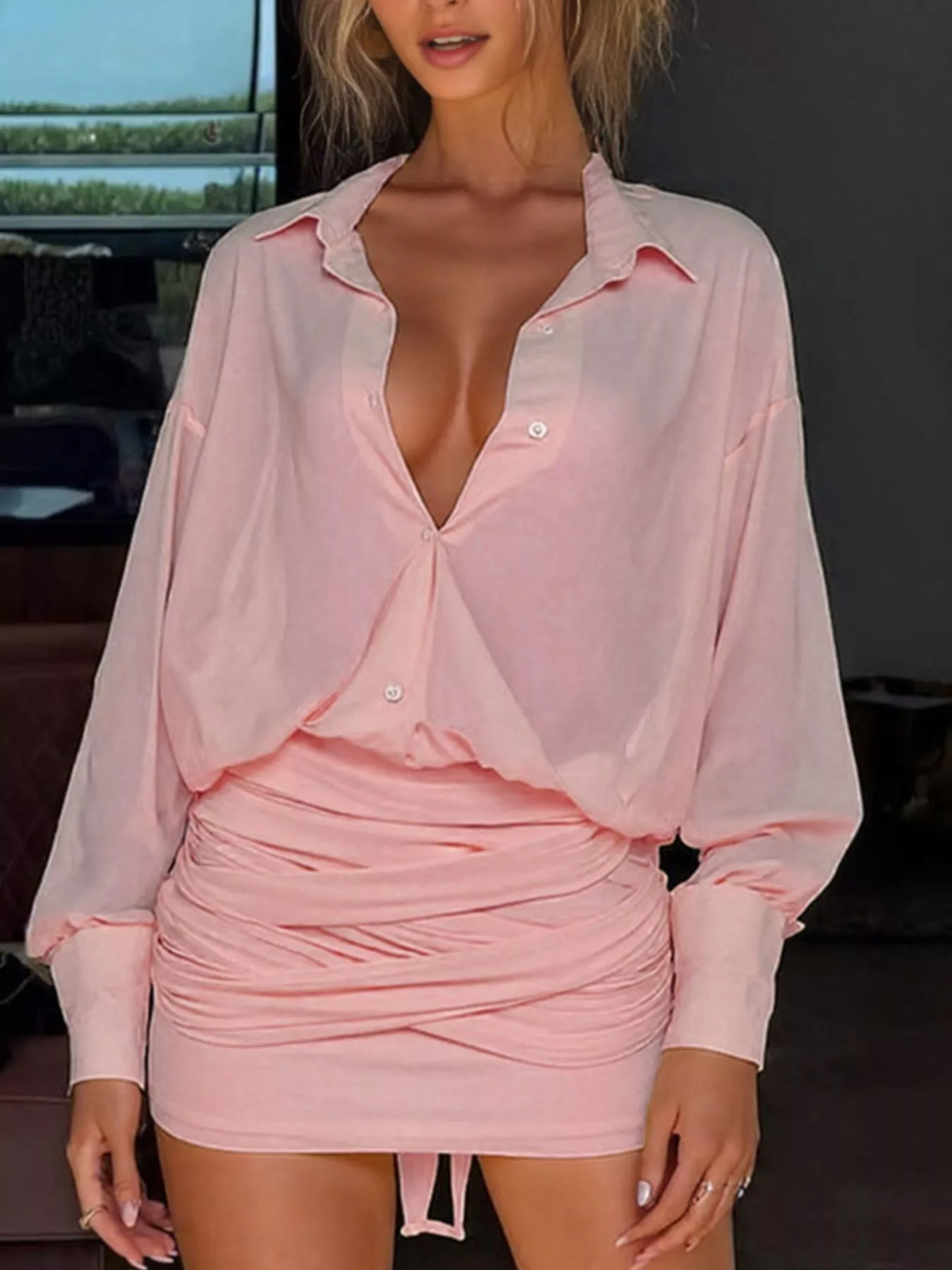 Sheer Button-Down Mini Shirt Dress with Back Tie - Image 14