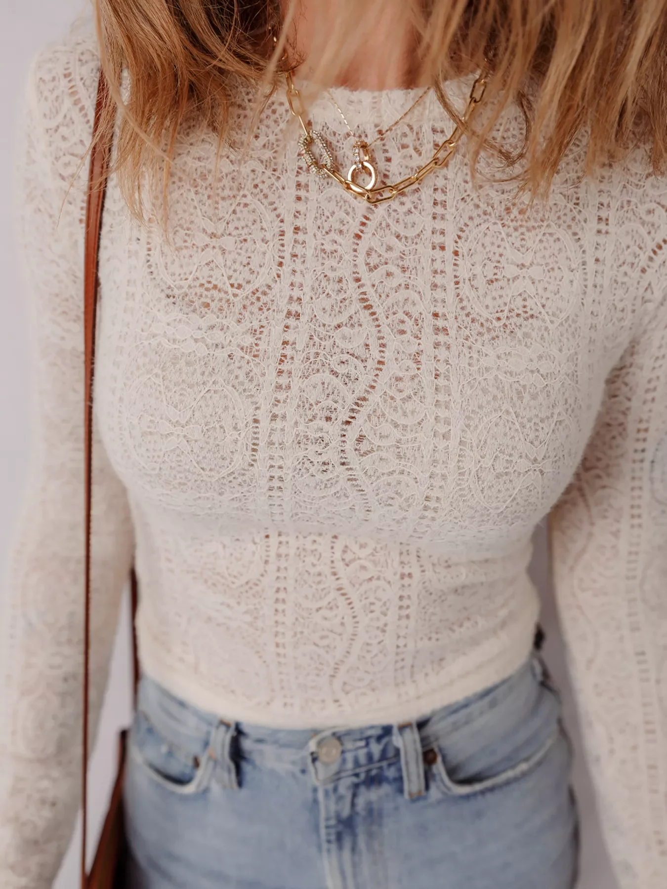 Sheer Lace Long Sleeve Cropped Top - Image 4