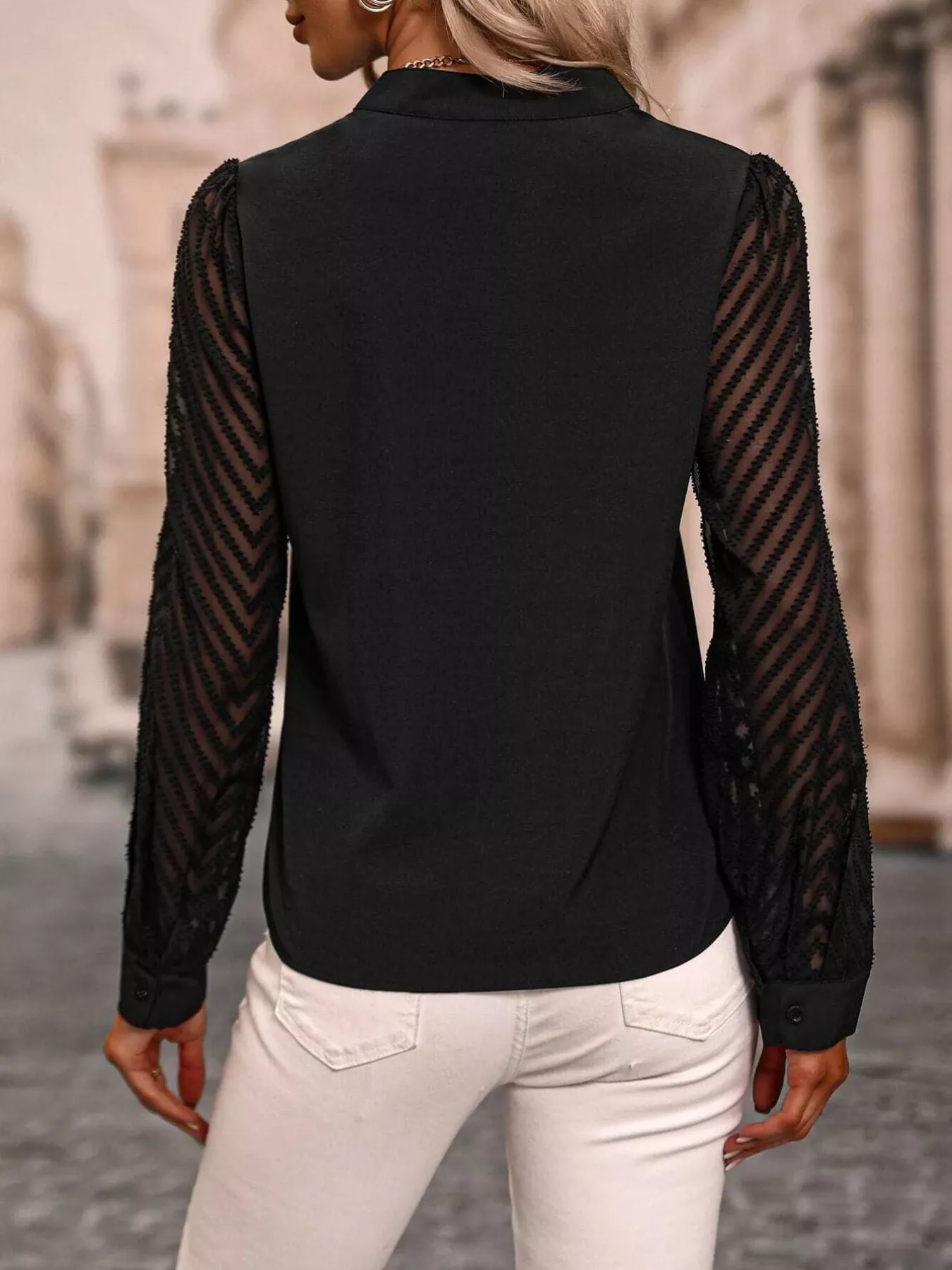 Sheer Sleeve V-Neck Blouse - Image 2