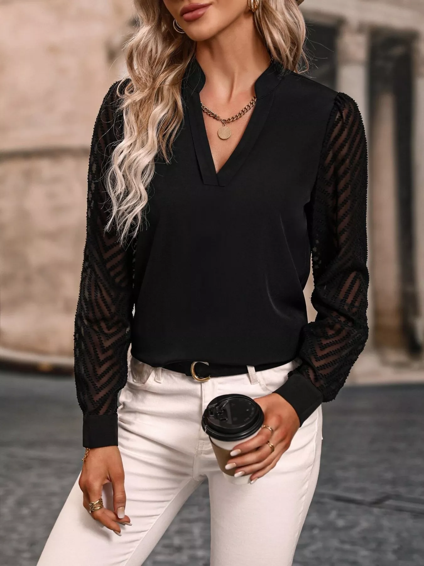 Sheer Sleeve V-Neck Blouse - Image 4